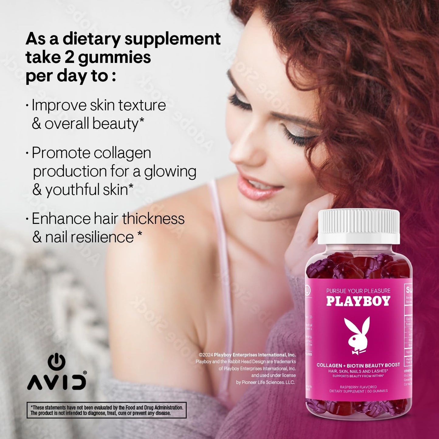 Avid Playboy Hair Skin and Nails Vitamins Biotin Collagen Gummies 60 Count