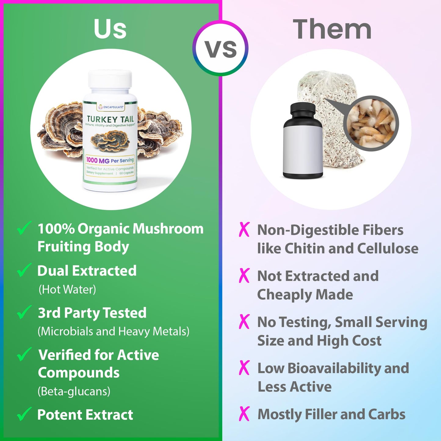 ENCAPSULATE Turkey Tail Capsules 1000mg – Premium Organic Fruiting Body 1:1 Extract – Adaptogen Mushroom Supplement for Digestive, Gut & Immune Support – Lab Tested & Max Bioavailability – 60 Capsules