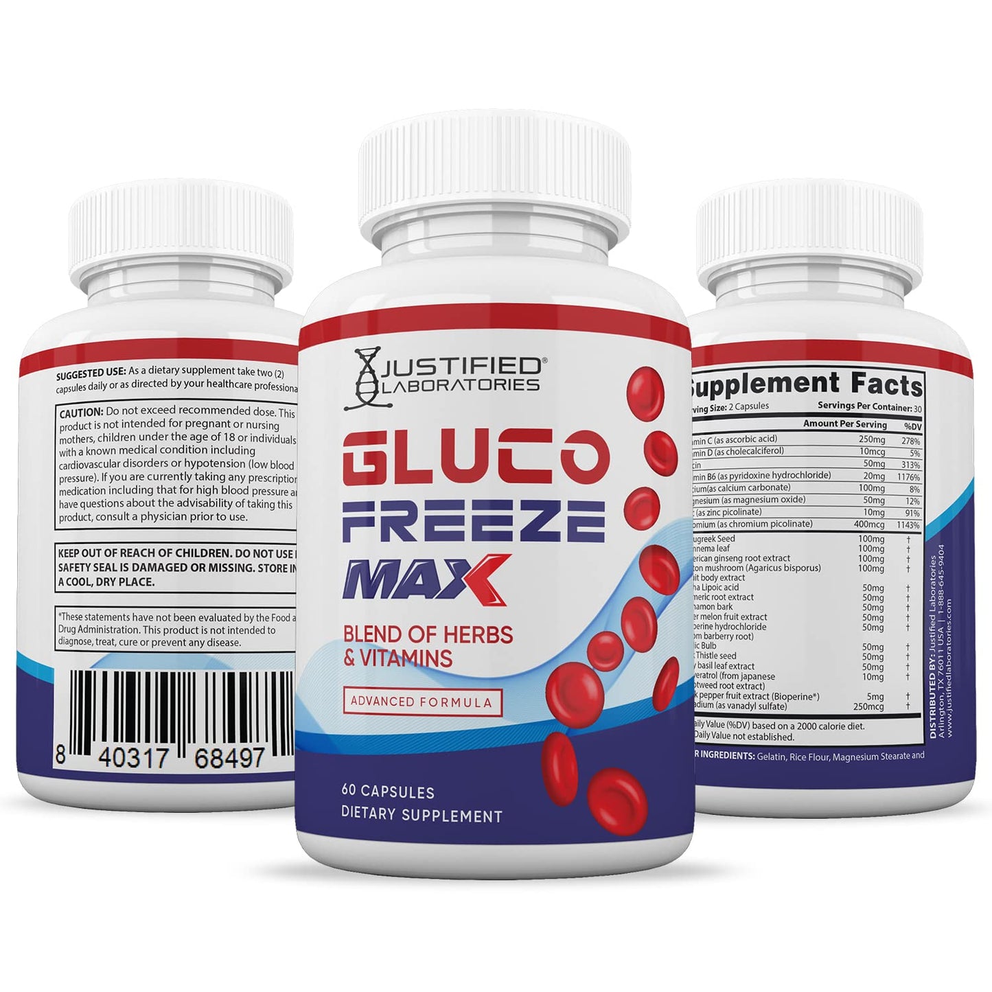 Justified Laboratories Glucofreeze Max Advanced Formula 1295mg Capsules 180 Count