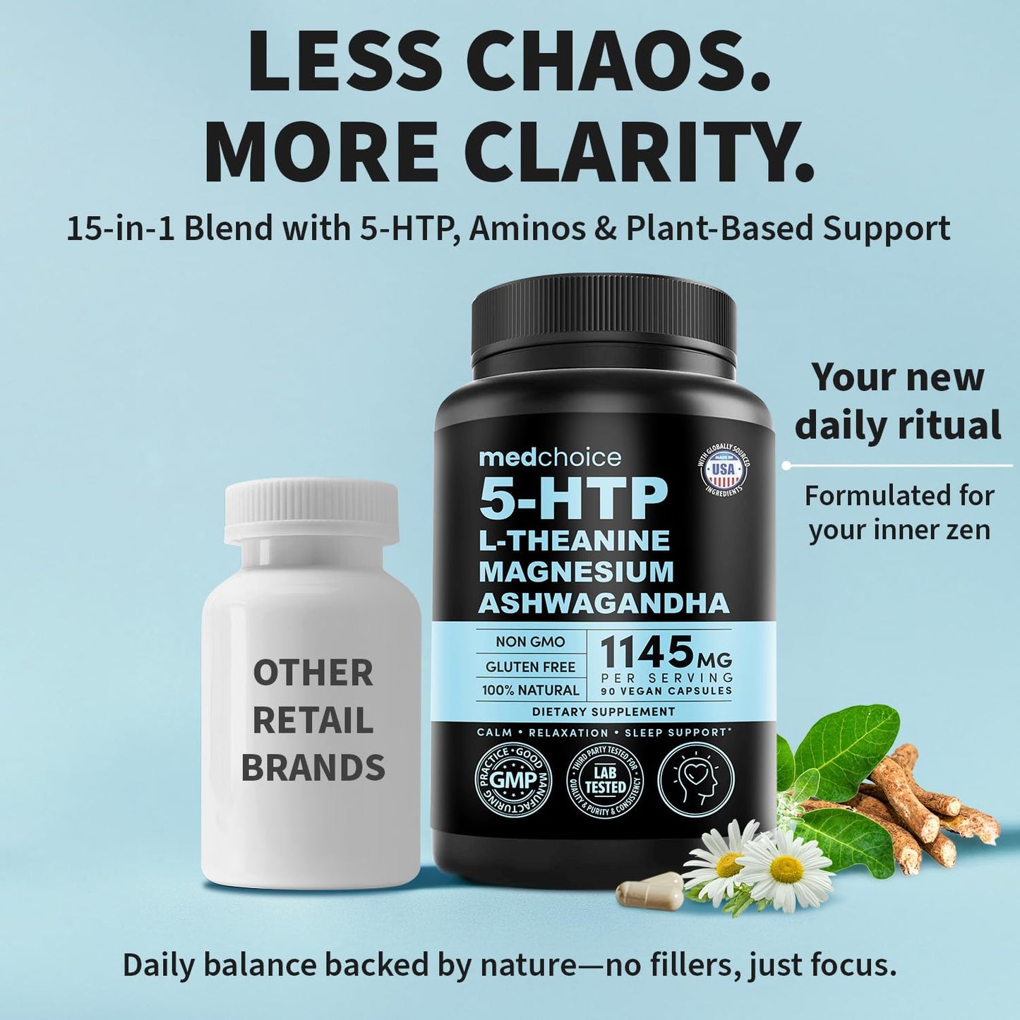 MEDCHOICE 15-in-1 Mood Support Supplement 5-HTP Capsules, 200mg, with L-Theanine, Magnesium, Ashwagandha, GABA, St. John's Wort and L-Tryptophan, 360 Capsules