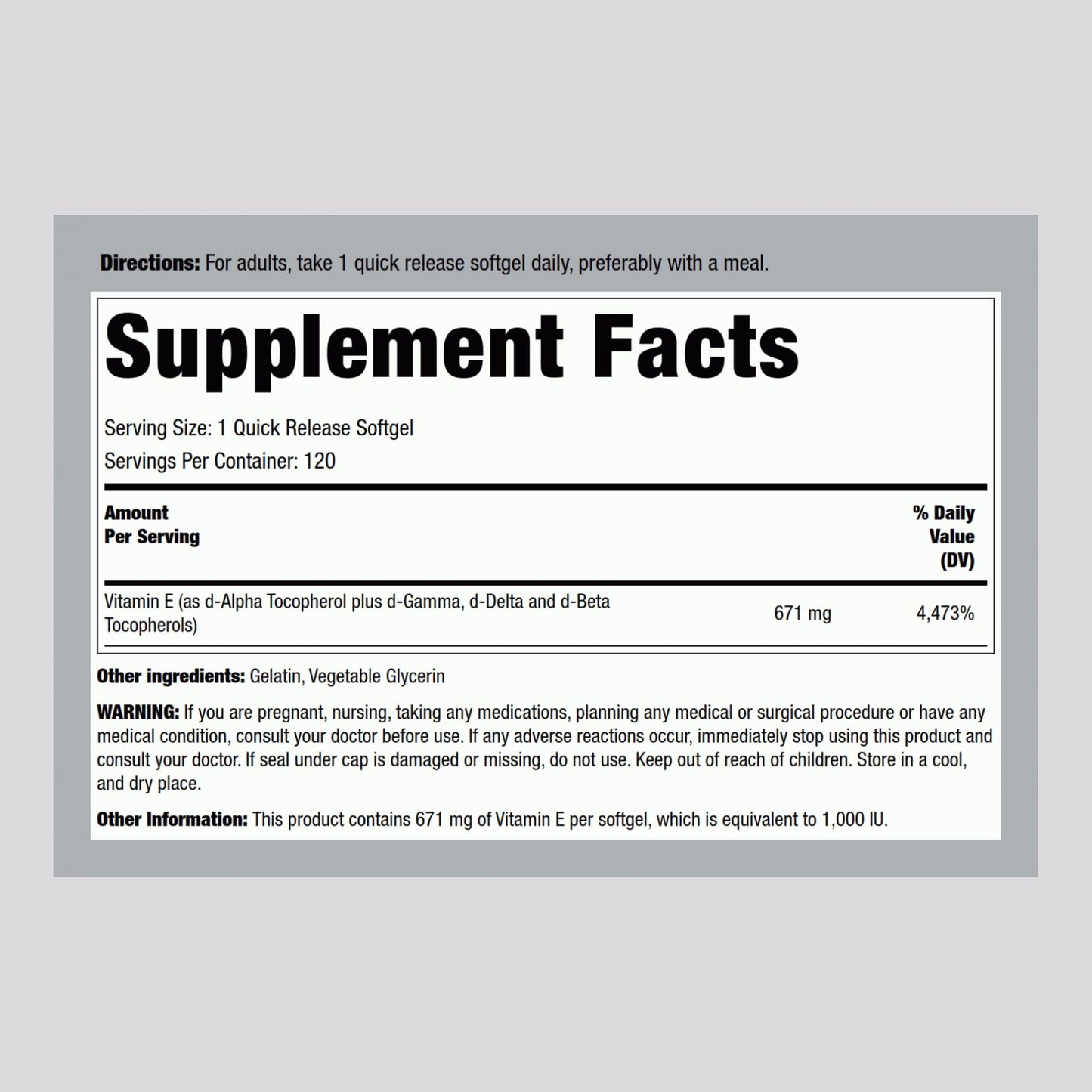 Piping Rock Vitamin E Supplement Softgels 120