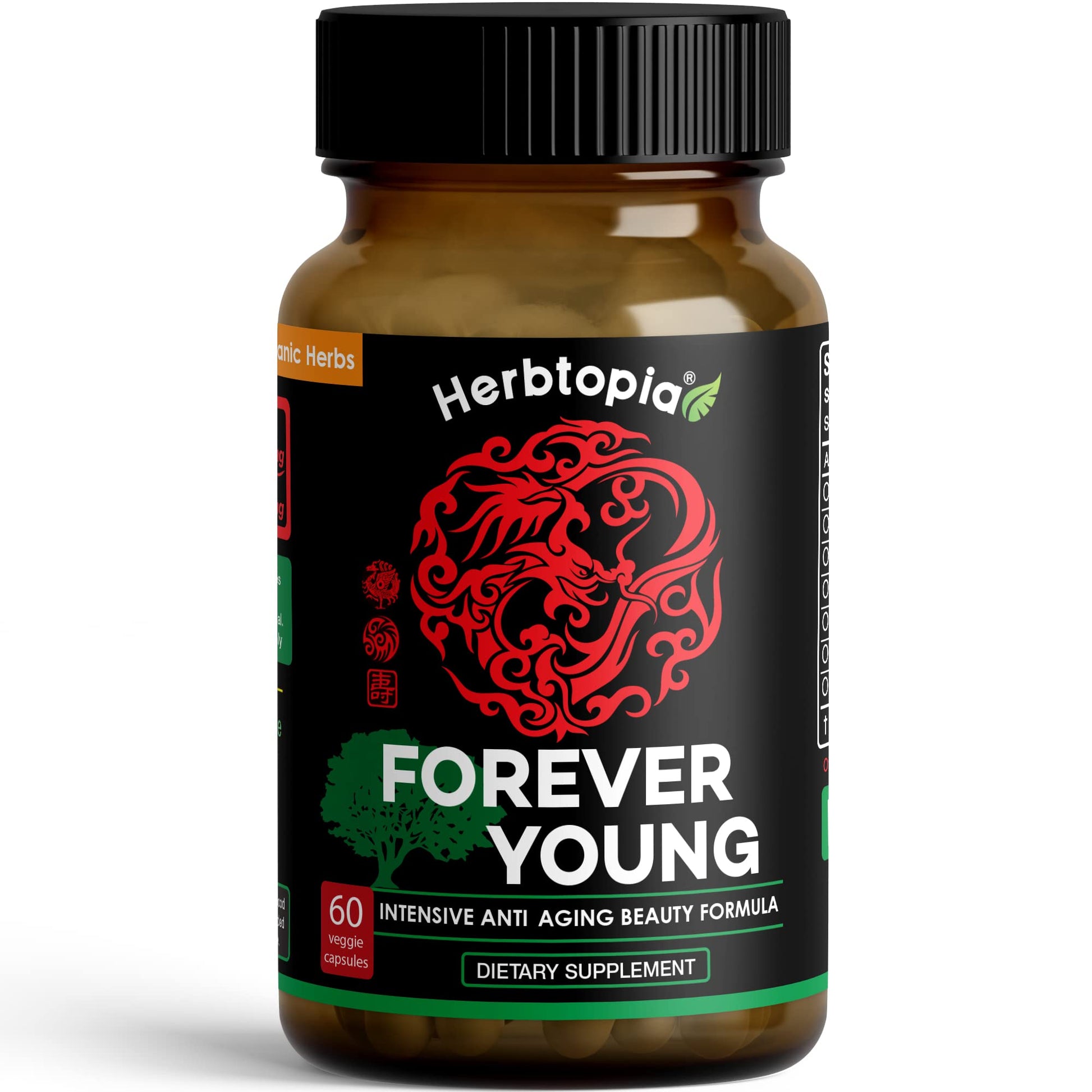 Herbtopia Forever Young Anti Aging Adaptogen Supplement with Organic Red Ginseng, Astragalus, Reishi, Lion's Mane & Codonopsis — Supports Immune Function, Healthy Aging & Longevity, 60 Vegan Capsules