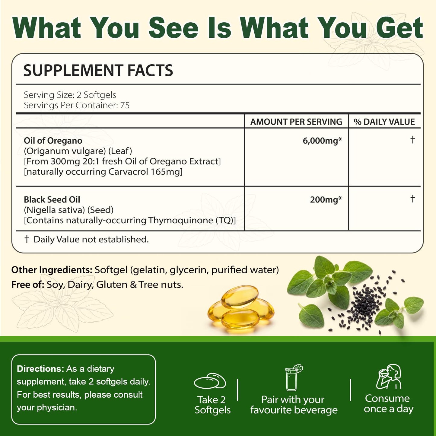 Gomerton Oil of Oregano with Black Seed Oil Softgels 6000mg 150 Count