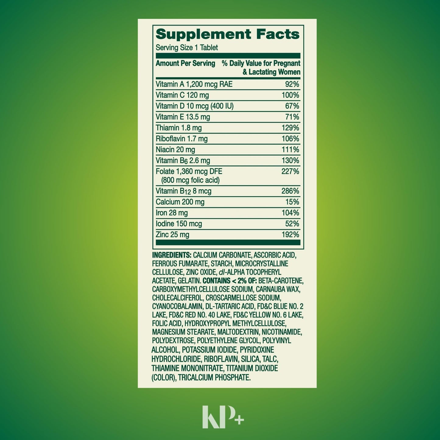 KP+ Prenatal Multivitamin Multimineral for Pregnant or Nursing Women, 100 Tablets