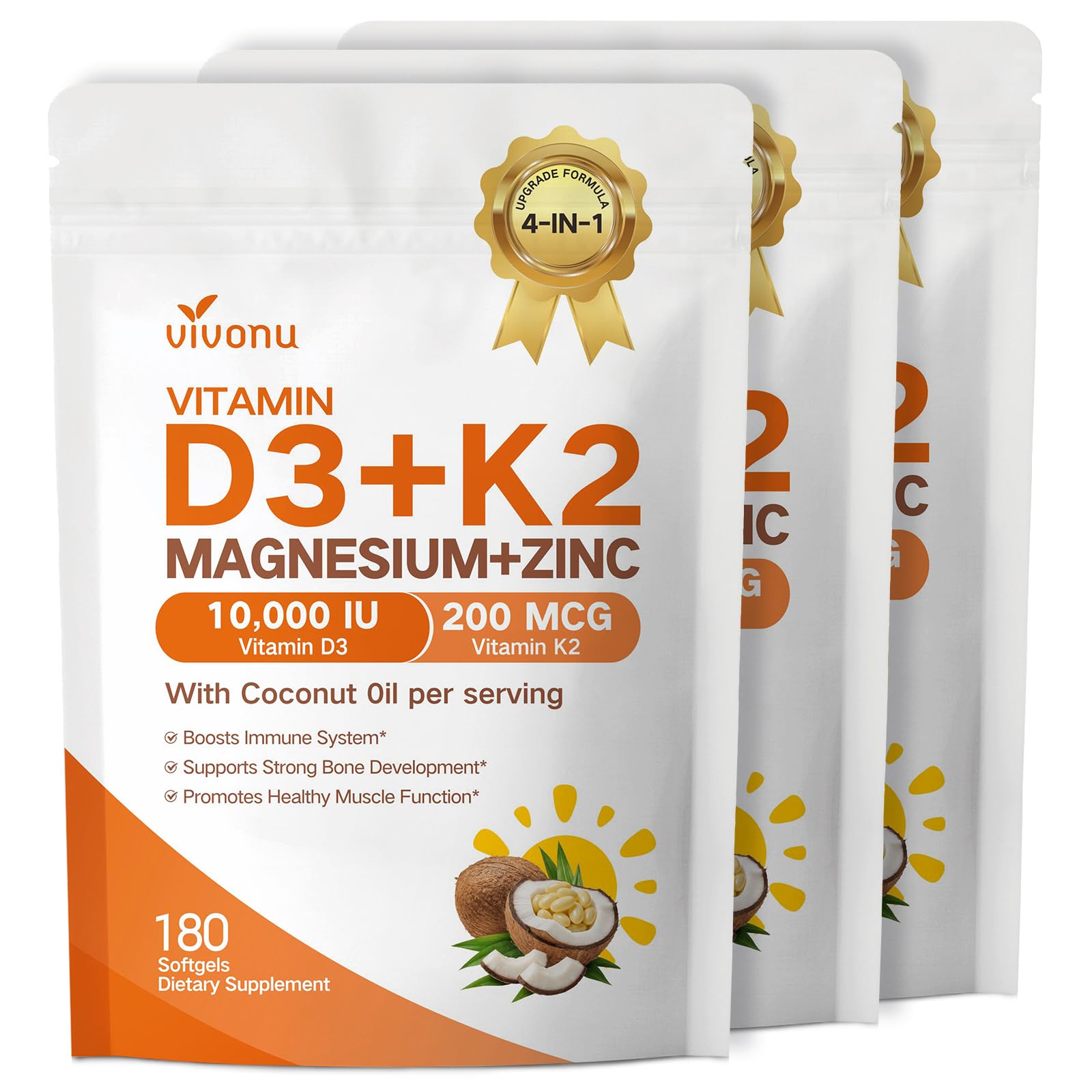 VivoNu Vitamin D3 K2 10,000 IU Magnesium Supplement – 4-in-1 with Vitamin D and K (MK-7), Magnesium Glycinate & Zinc Citrate 180 Capsules