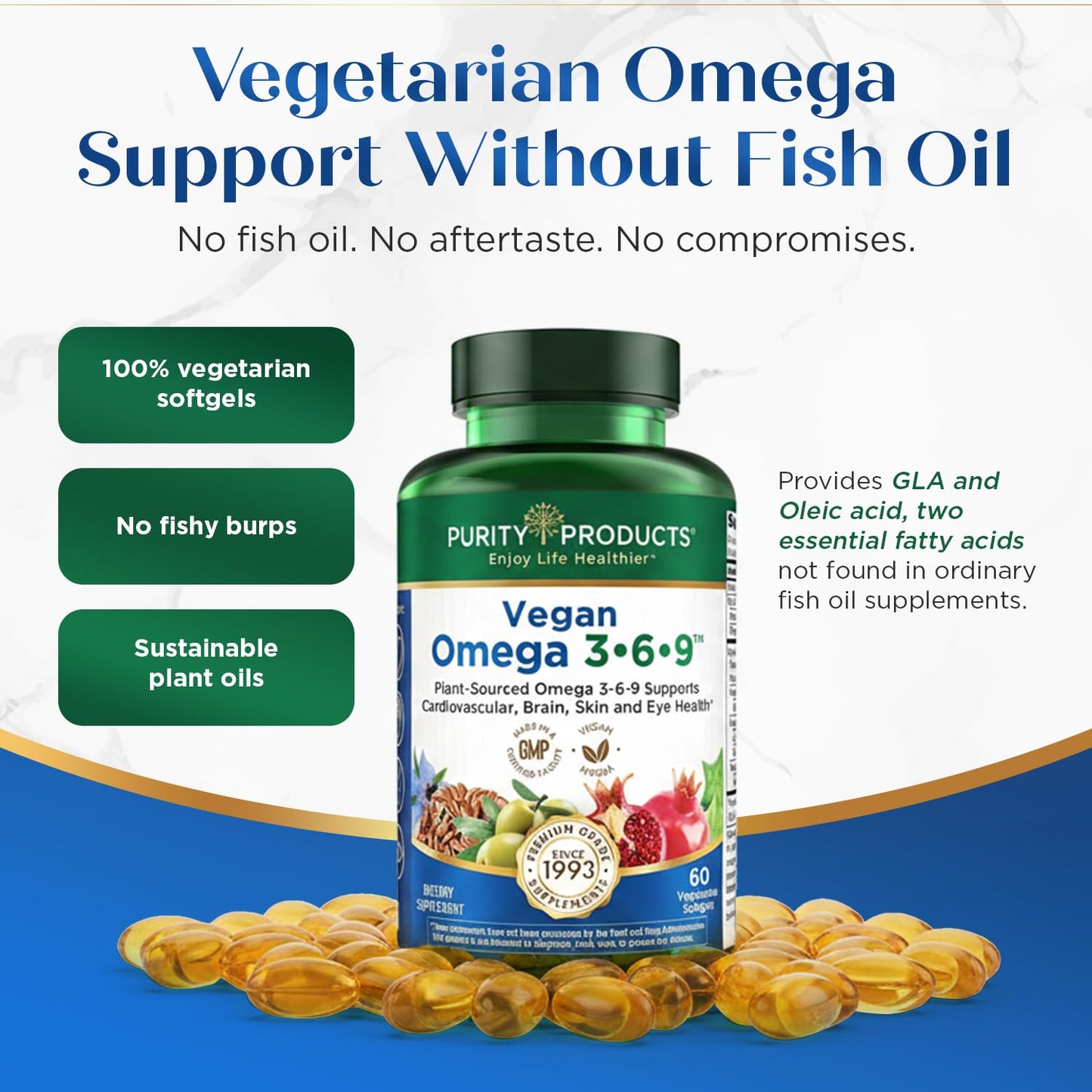 Purity Products Omega 3-6-9 Vegan and Vegetarian Formula - 5 in 1 Essential Fatty Acid Complex - Plant-Based Omega 3 6 9, Softgels, 60 Count