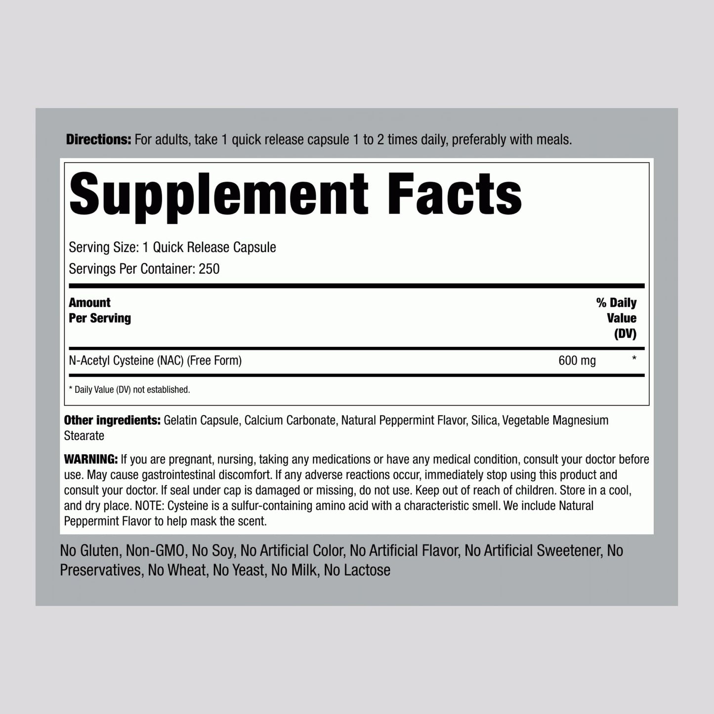 Piping Rock NAC Supplement N-Acetyl Cysteine 600mg Capsule, 250 Count
