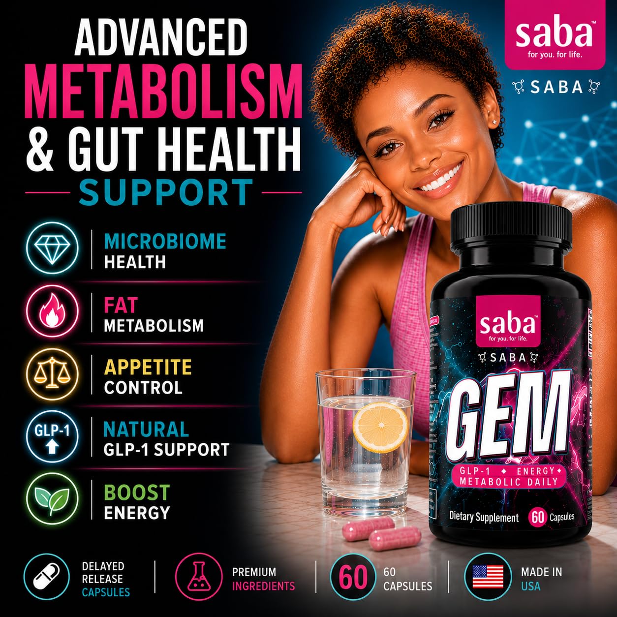 Saba GEM Metabolism & Gut Health Support for Women & Men – Eriomin, Morosil, Akkermansia, Prebiotics & Probiotics with 30 Billion CFU – Appetite, Energy & Microbiome Support – 60 Capsules