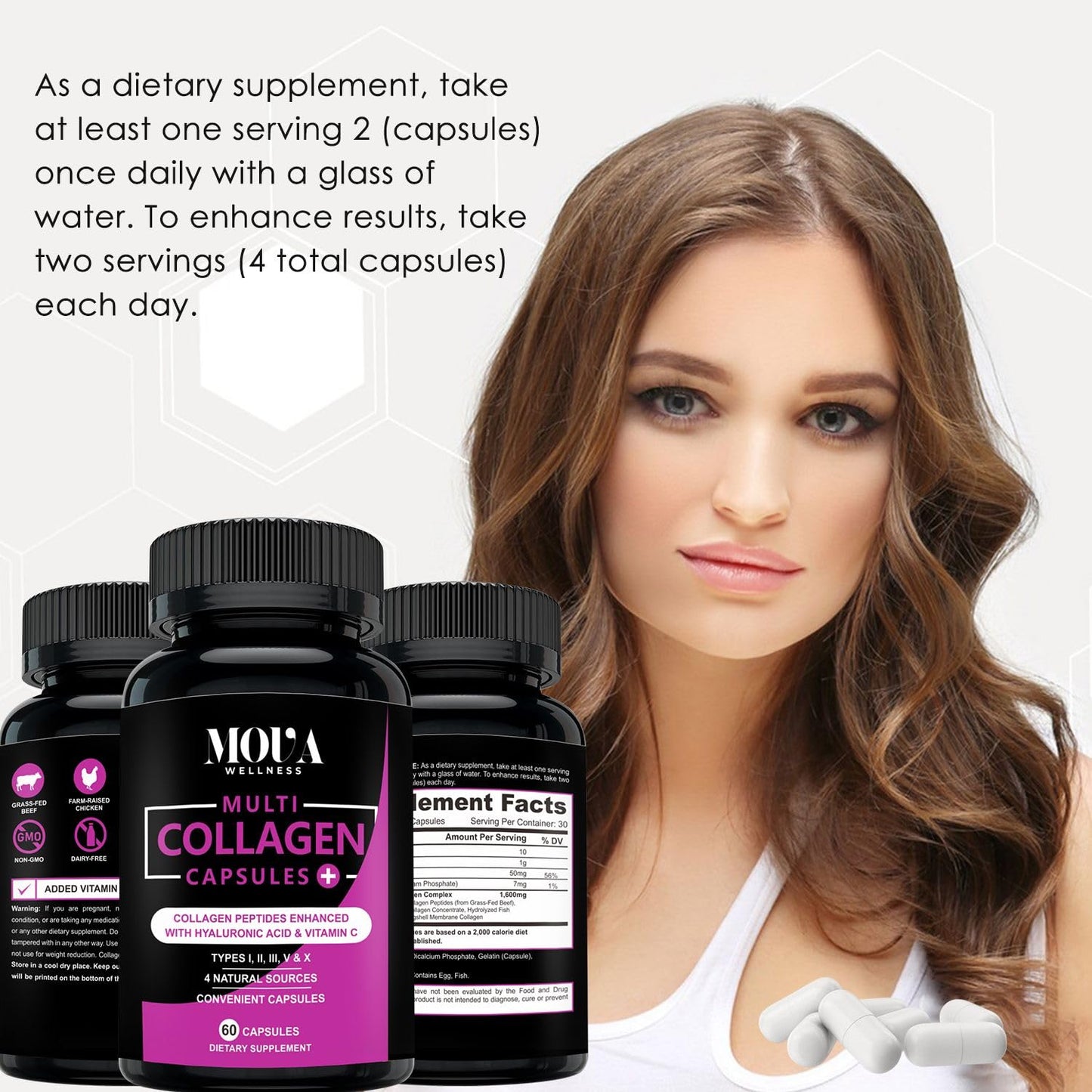 Mova Wellness Multi Collagen Capsules with Vitamin C & Hyaluronic Acid (Types I, II, III, V & X) - 60 Capsules
