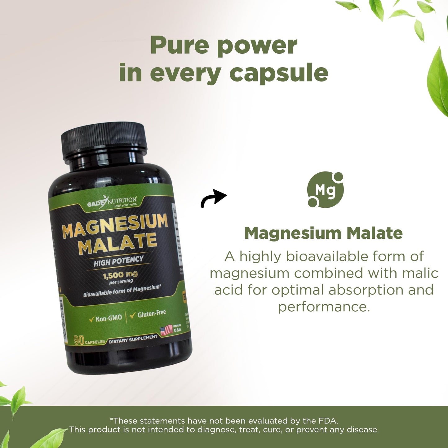 GADE NUTRITION Magnesium Malate Supplement Capsules 1500 mg, 90 Count