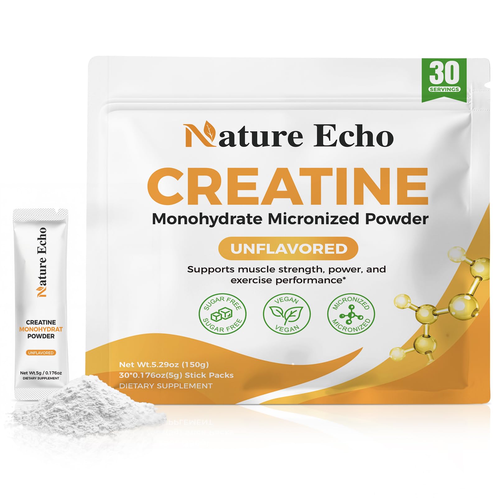 Nature Echo Creatine Monohydrate Micronized Powder, 30 Single-Serve Packs, 5g per Pack