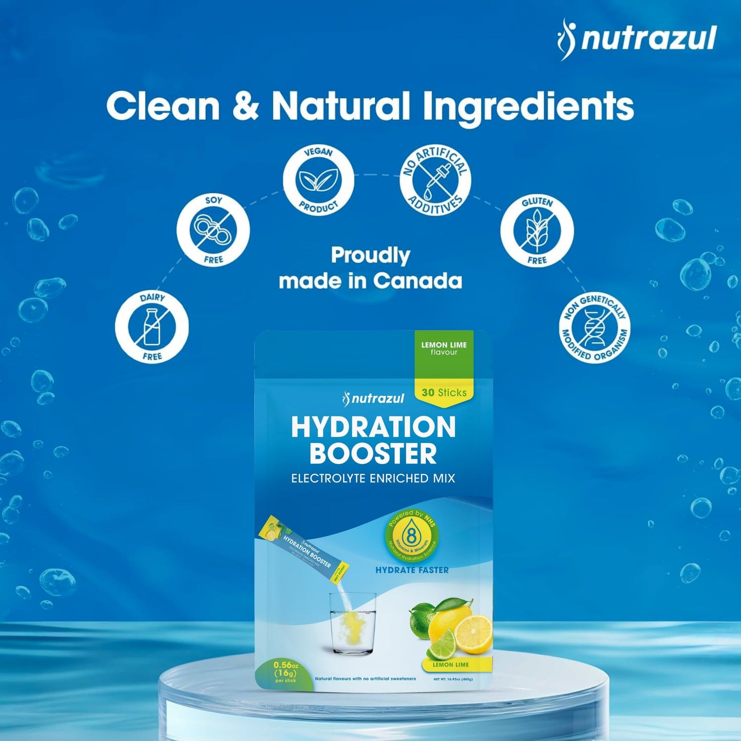 nutrazul Hydration Booster Electrolytes Powder Sticks Lemon Lime Flavor, 30 Sticks