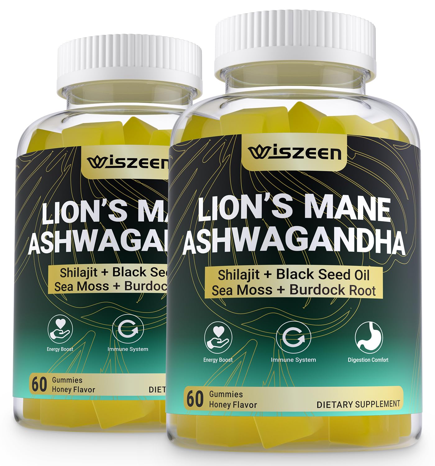 Wiszeen Ashwagandha Gummies with Lions Mane, Shilajit, Sea Moss and Black Seed Oil, 120 Gummies
