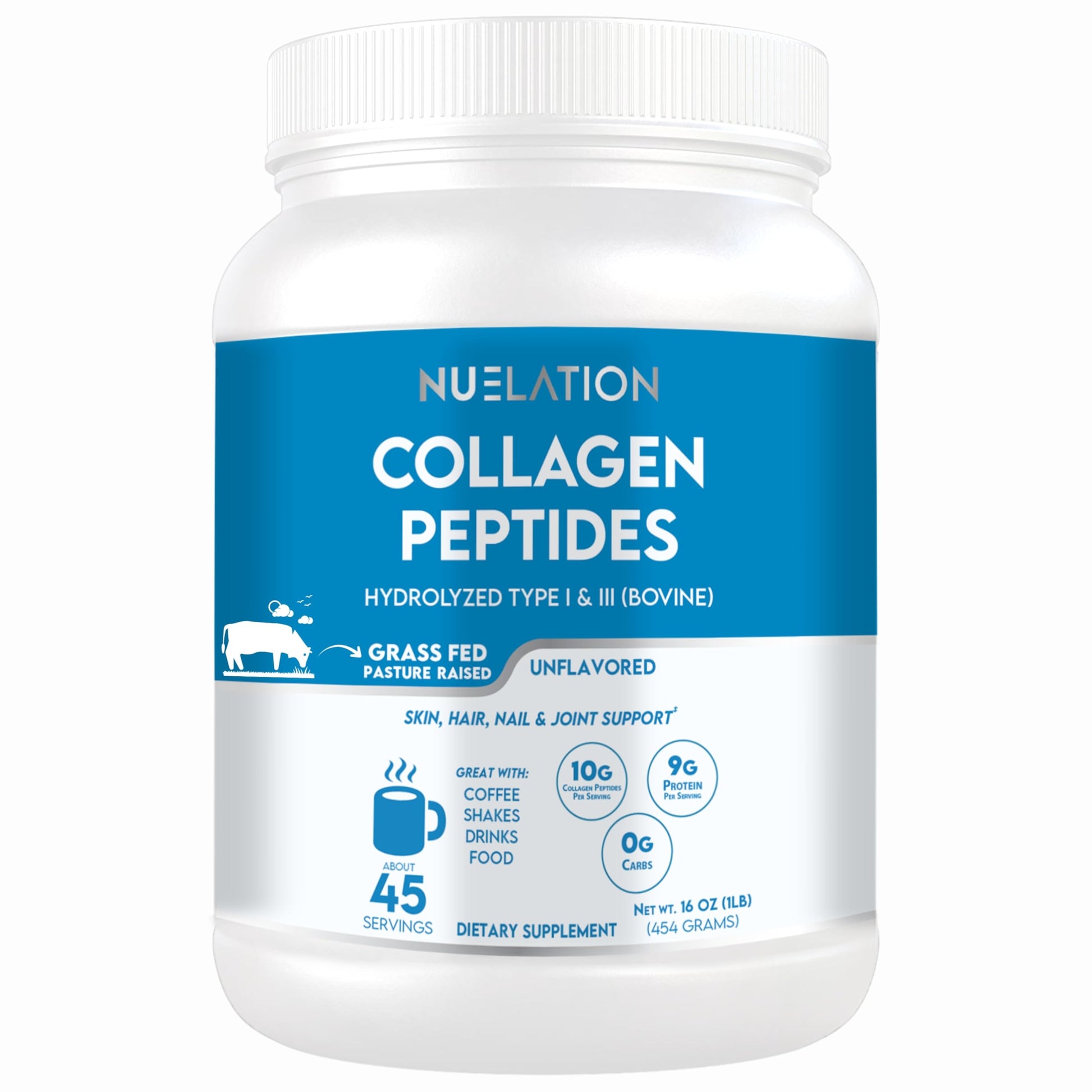 NUELATION Grass Fed Collagen Peptides Powder, Hydrolyzed Bovine Collagen, 1 lb
