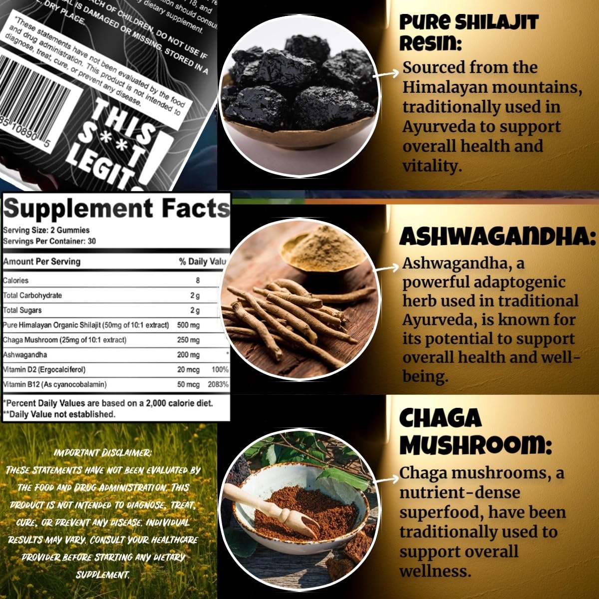 GET WAVY ORGANICS Pure Himalayan Shilajit Gummies with Ashwagandha and Chaga Mushrooms, Vitamin D2 and B12, Fulvic Acid and 85+ Trace Minerals, 60 Gummies