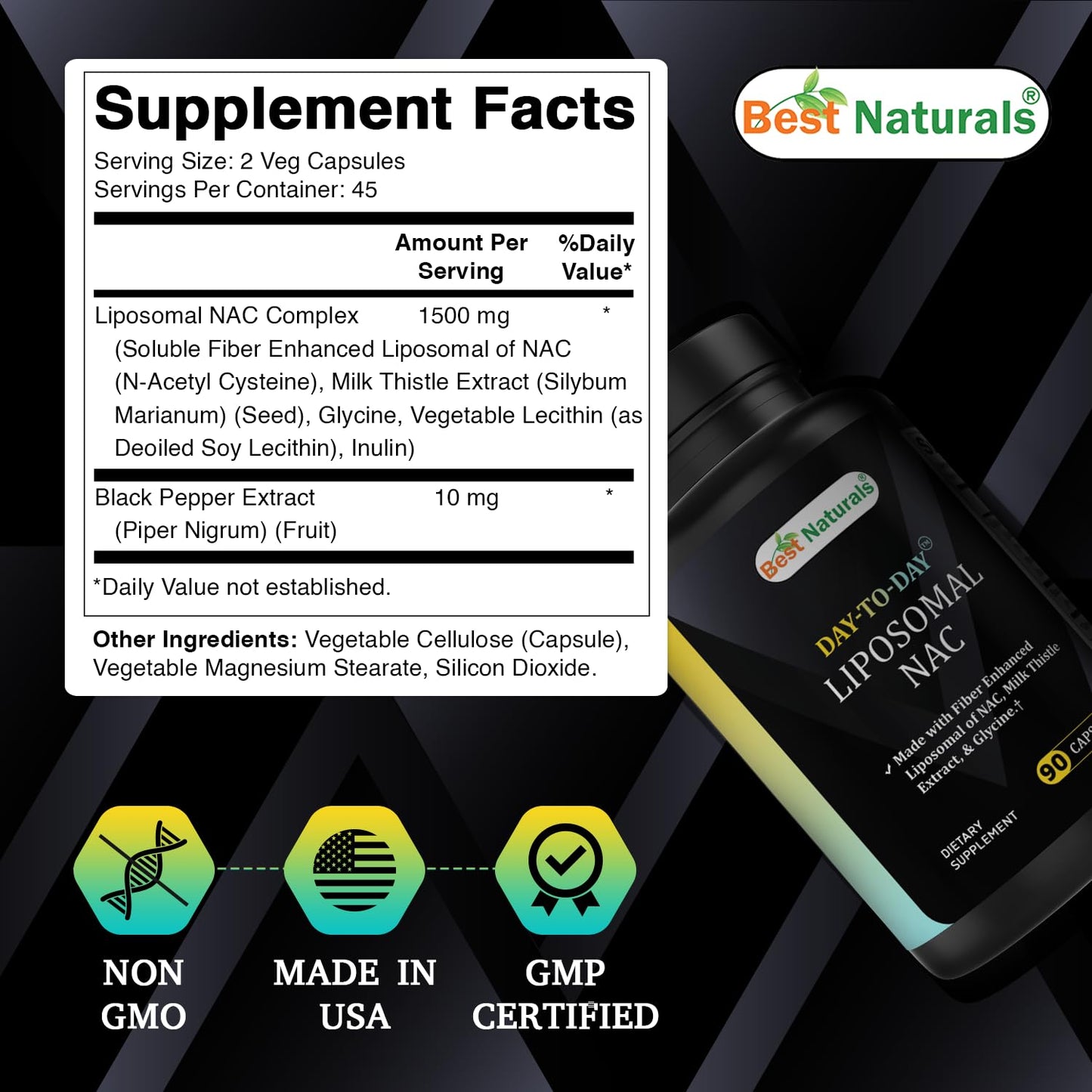 Best Naturals Liposomal NAC Complex 1500 mg Per Serving with Black Pepper Extract, NAC, Milk Thistle Extract & Glycine, Fiber Enhanced Formula Capsules 90 Count