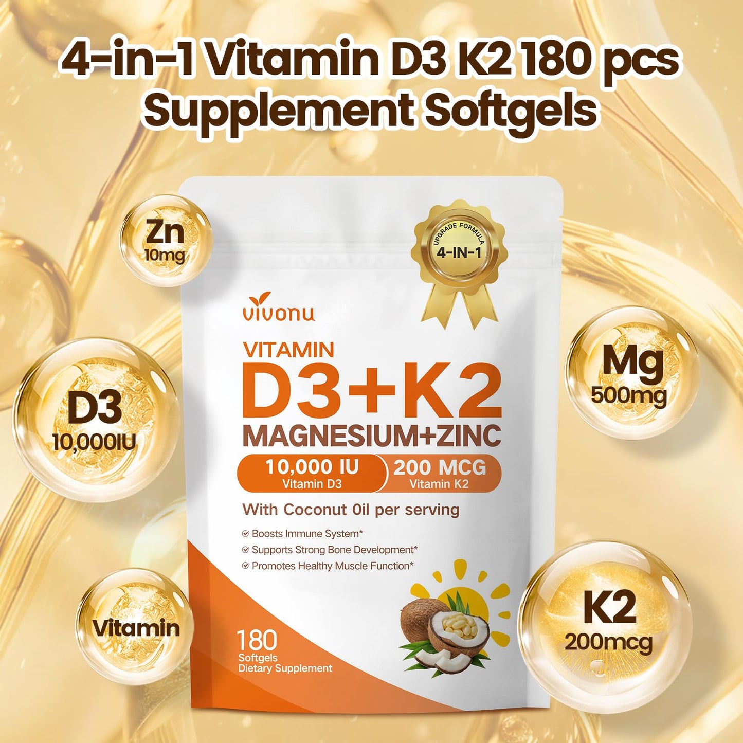 VivoNu Vitamin D3 K2 10,000 IU Magnesium Supplement – 4-in-1 with Vitamin D and K (MK-7), Magnesium Glycinate & Zinc Citrate 180 Capsules