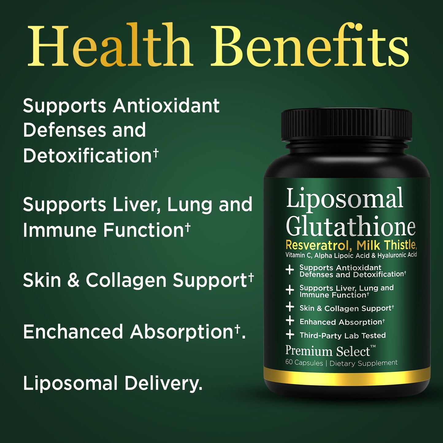 Premium Select Nutrition Liposomal Glutathione Capsules with Resveratrol & Milk Thistle Supplement for Men and Women - L-Glutathione, 60 Capsules