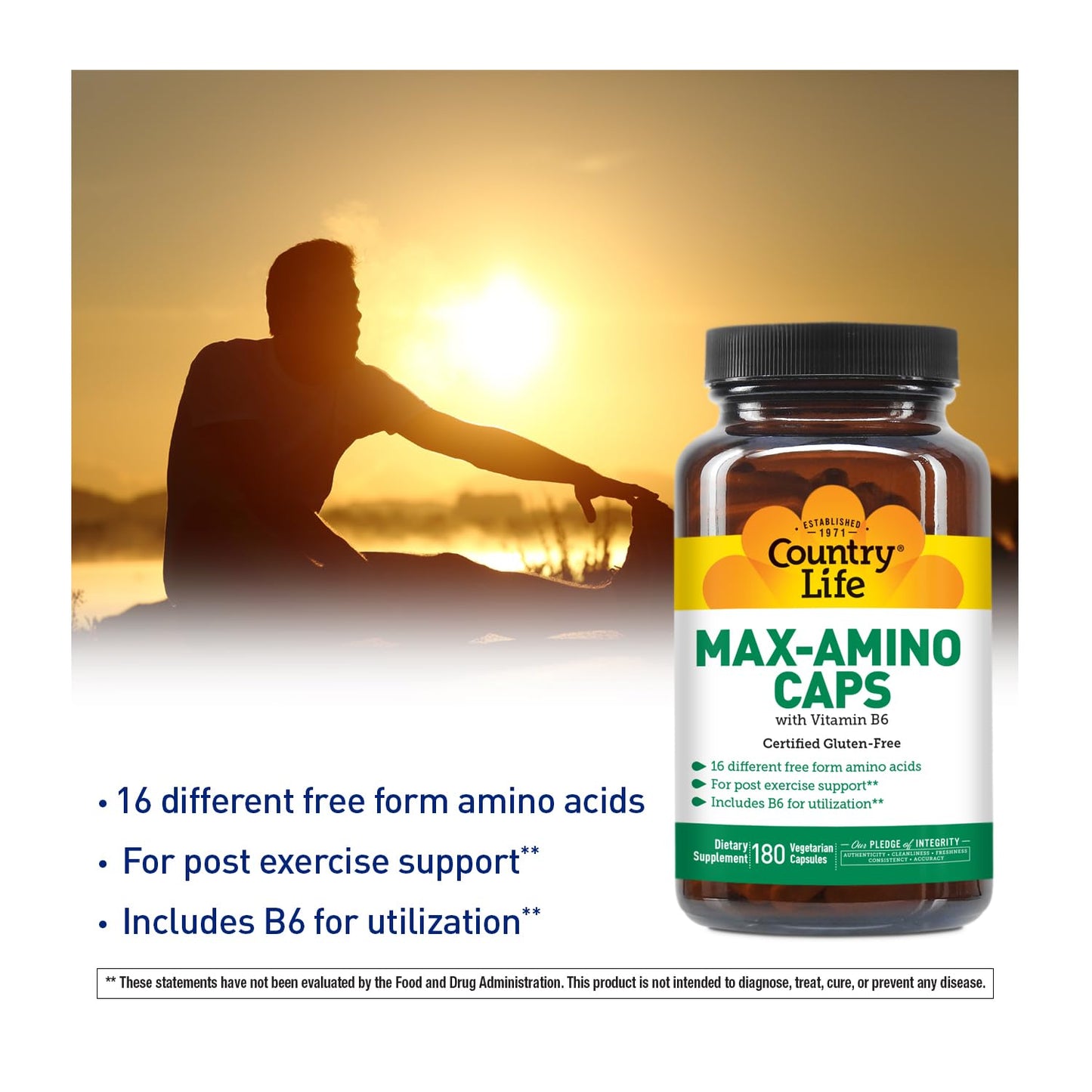 Country Life Maxi-Amino Caps – 16 Free-Form Amino Acids, 180 Capsules
