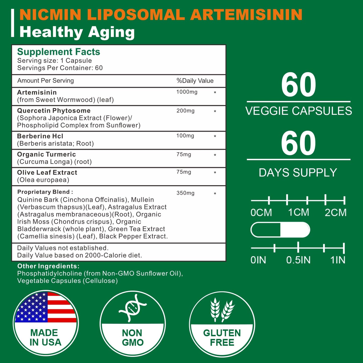 NICMIN Liposomal Artemisinin Supplement 1000mg, Sweet Wormwood Extract with 200mg Quercetin Phytosome, 60 Capsules