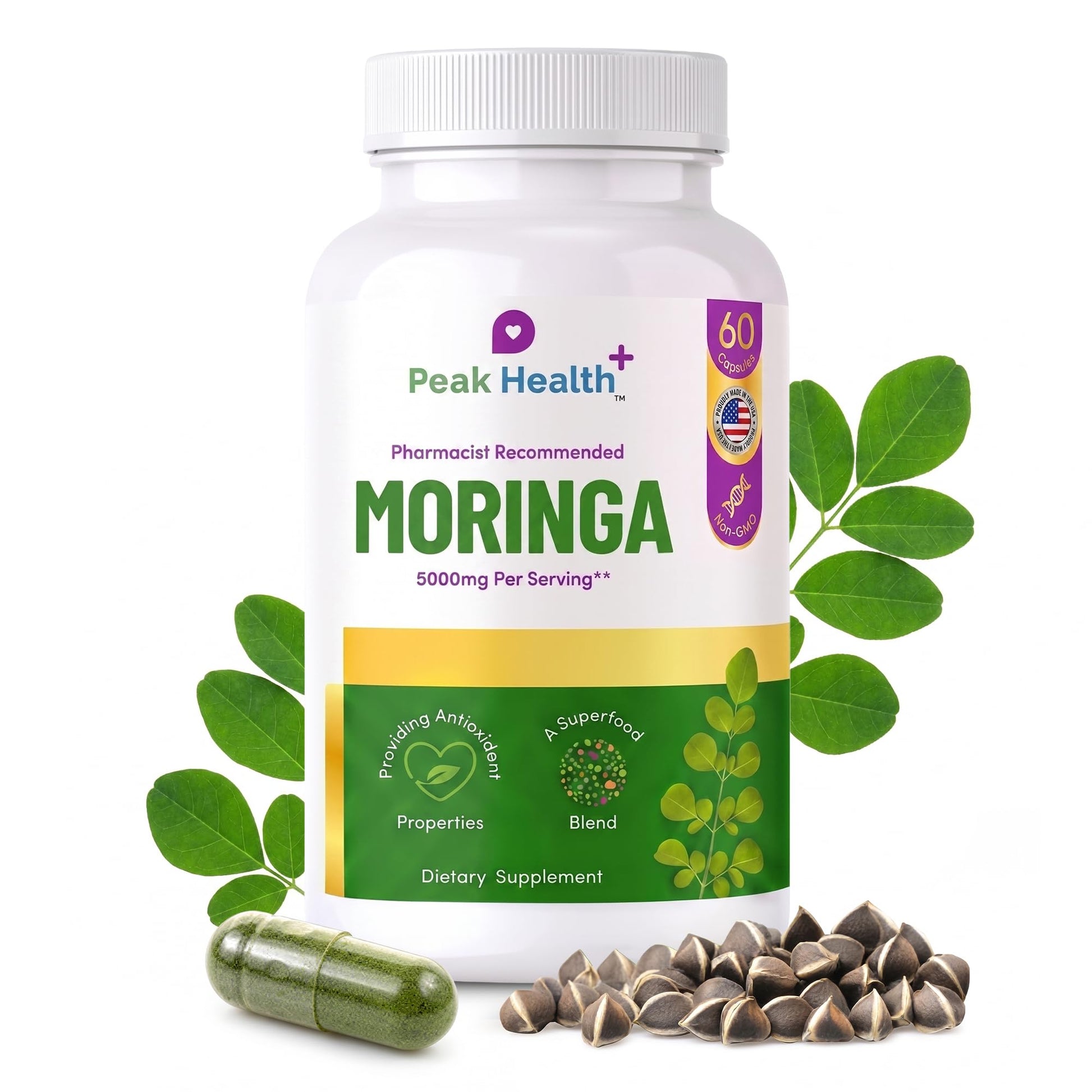 Peak Health Moringa Daily Stress & All-Day Energy Support Capsule, 60 Count