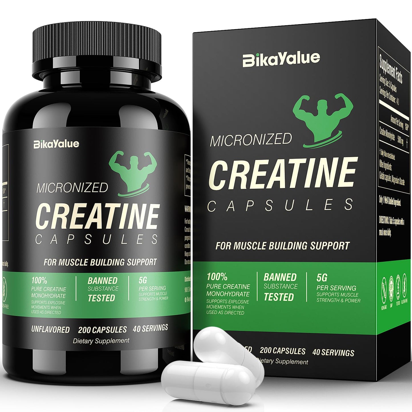 BIKAYALUE Creatine Monohydrate 5000mg Capsule, 200 Count
