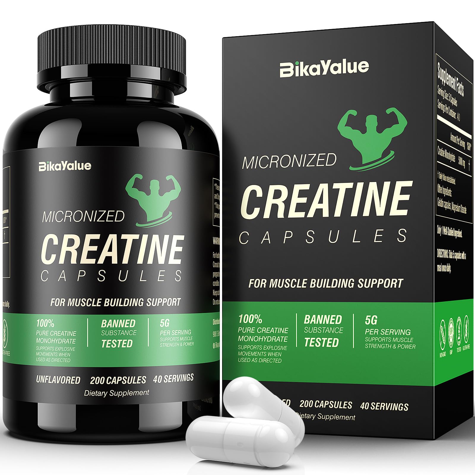 BIKAYALUE Creatine Monohydrate 5000mg Capsule, 200 Count
