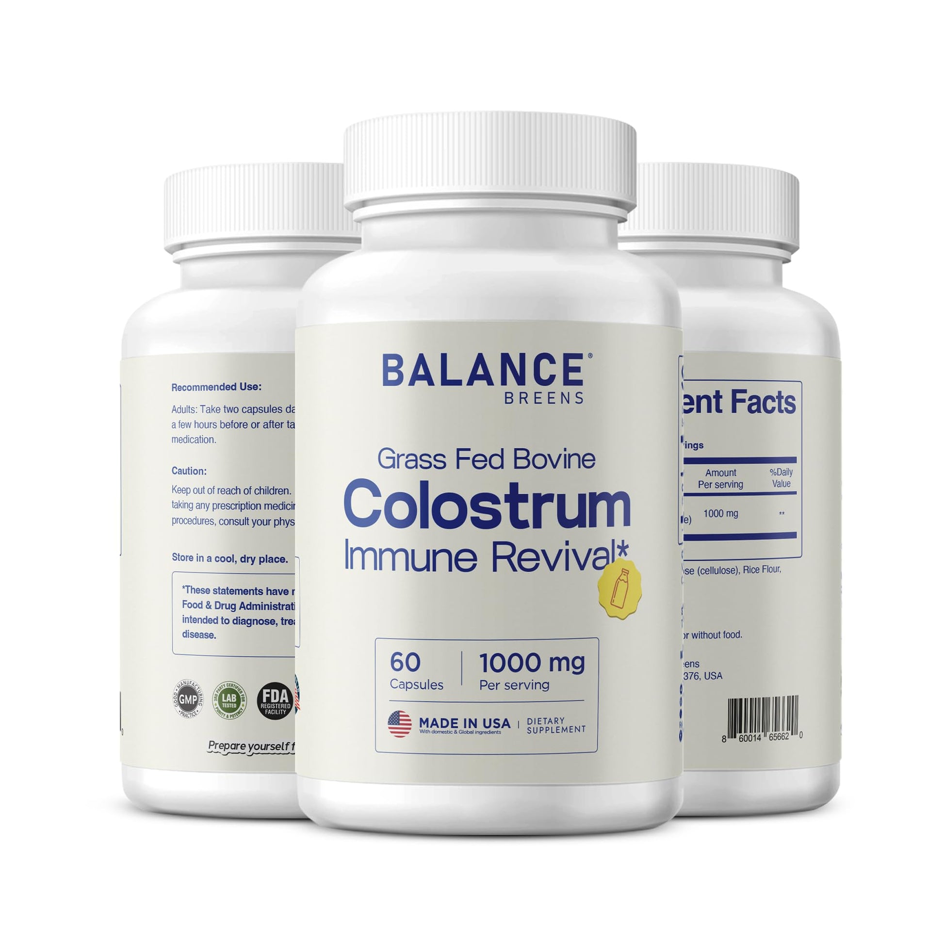 Balancebreens Colostrum 1000mg 15% IgG Grass-Fed Bovine for Immune and Gut Health Third-Party Tested First Milking Only 360 Capsules