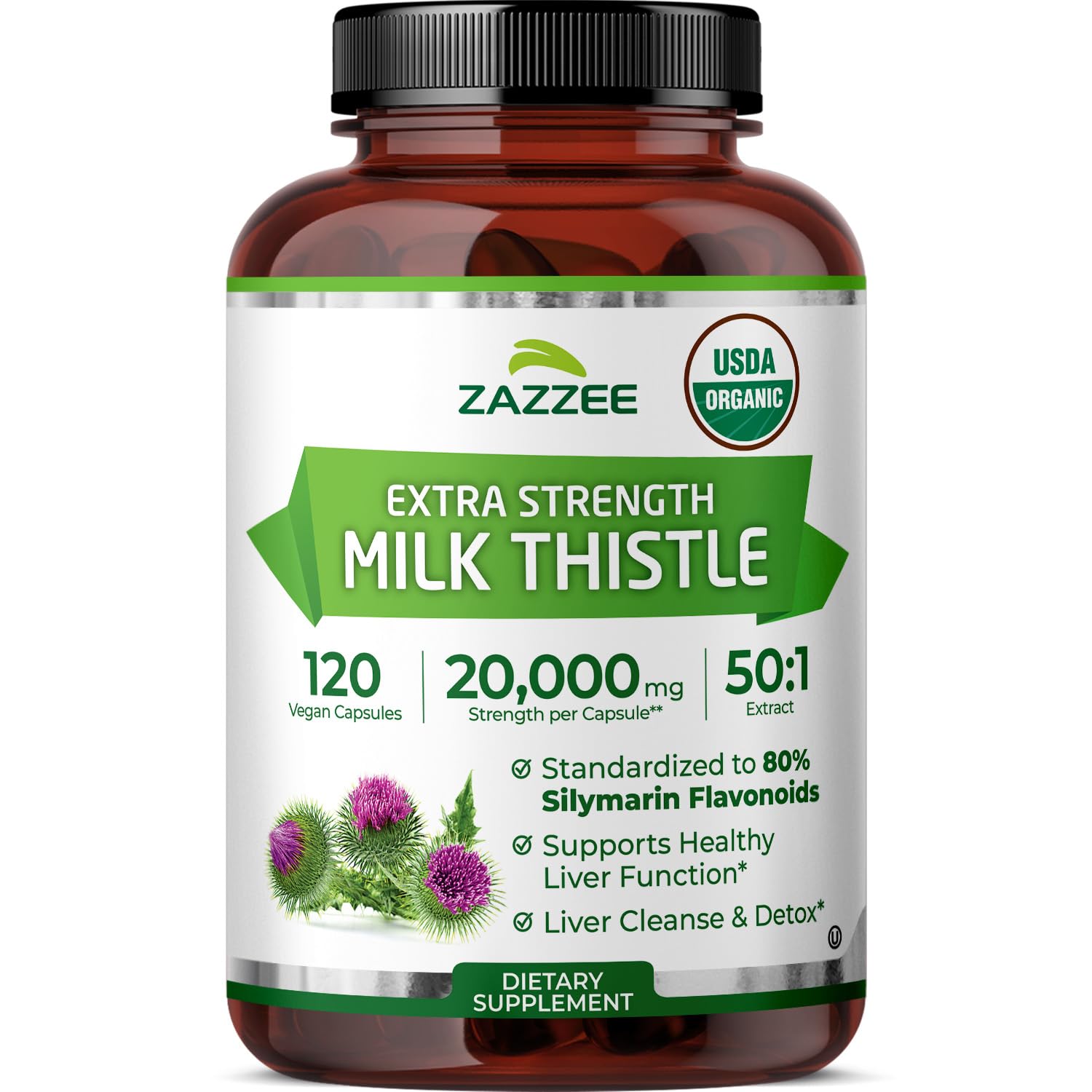 Zazzee Milk Thistle 50:1 Extract, 80% Silymarin Flavonoids, 120 Capsules