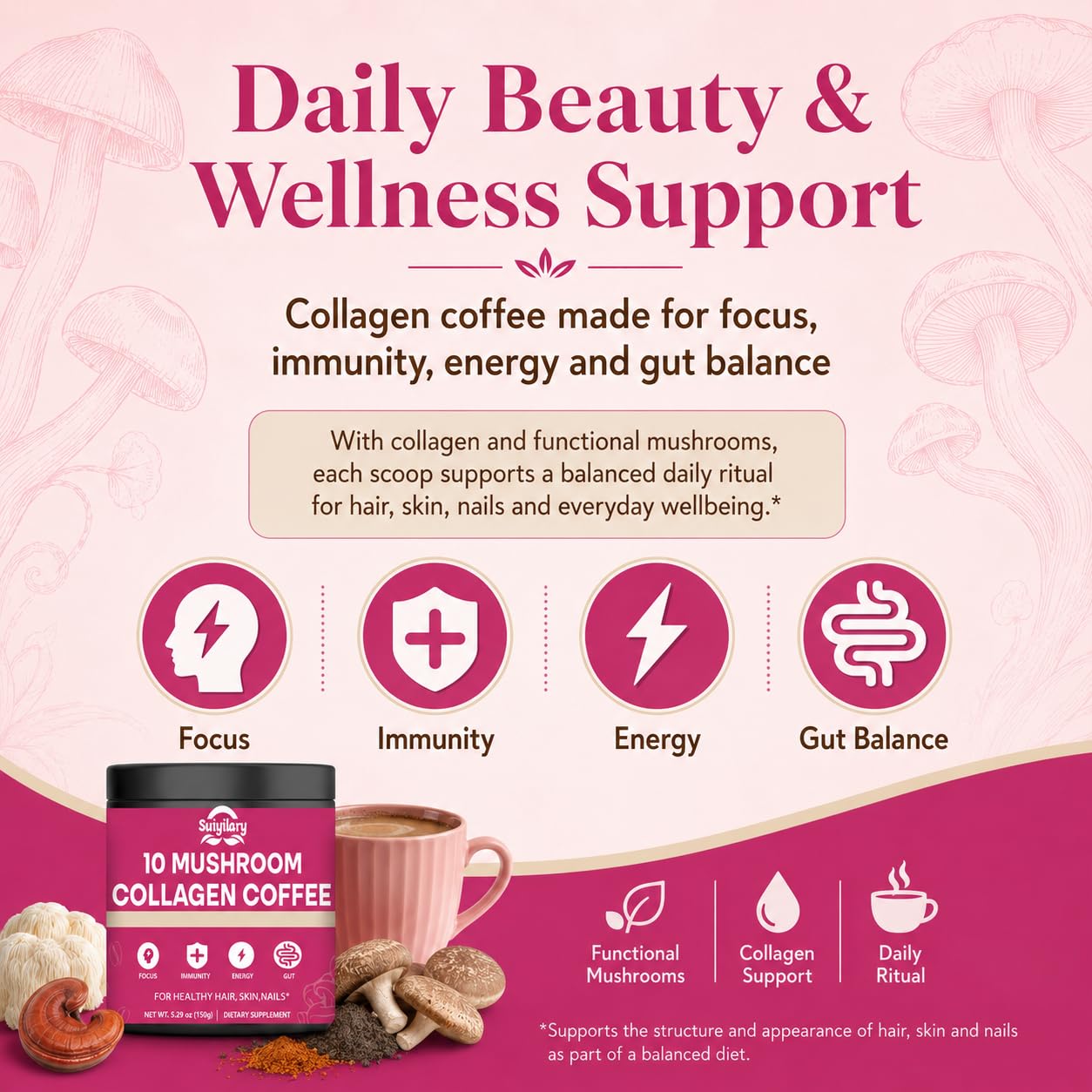 Suiyilary Mushroom Coffee with Collagen Powder, 5.3 oz, 30 Servings