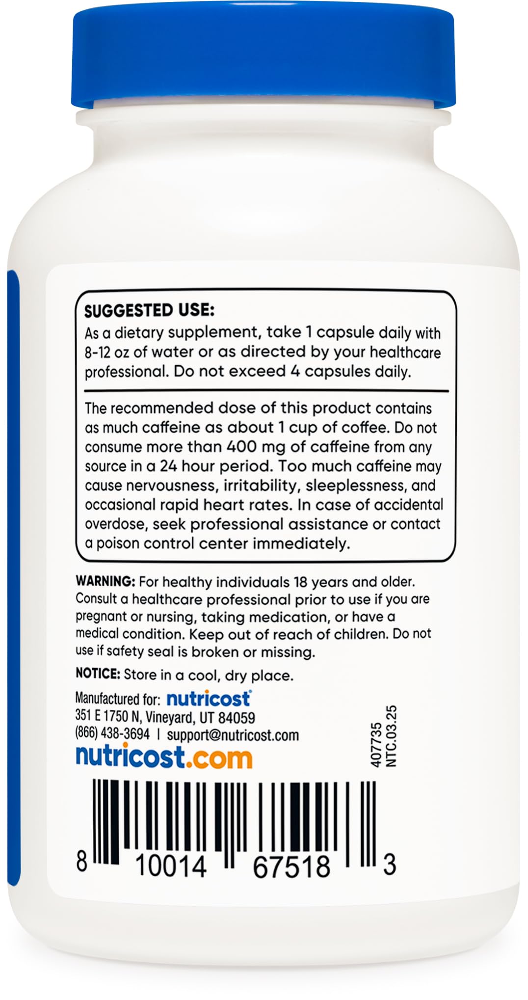 Nutricost Caffeine Capsules 100mg Per Serving, 250 Capsules
