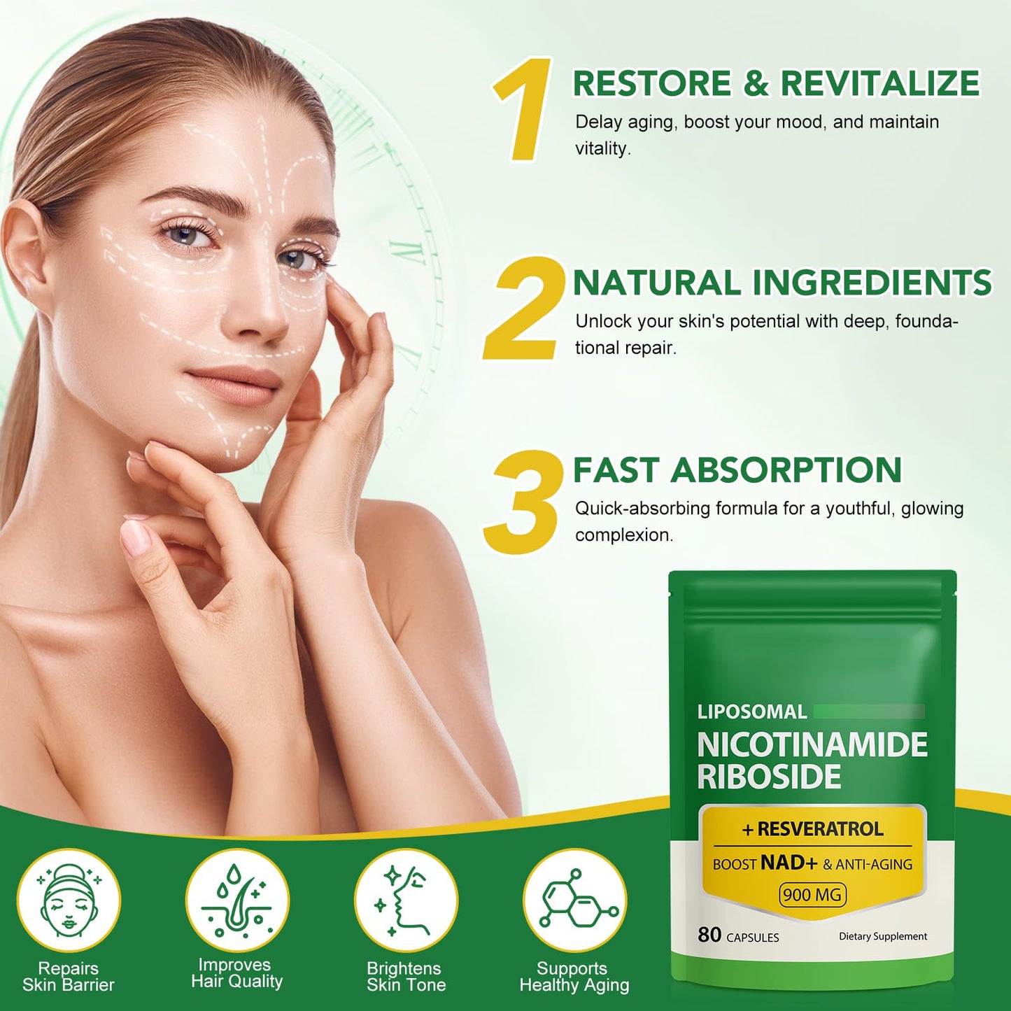 Daiasns NAD+ Supplement 900mg Liposomal Nicotinamide Riboside & Resveratrol NMN Alternative, Capsules, 80 Count