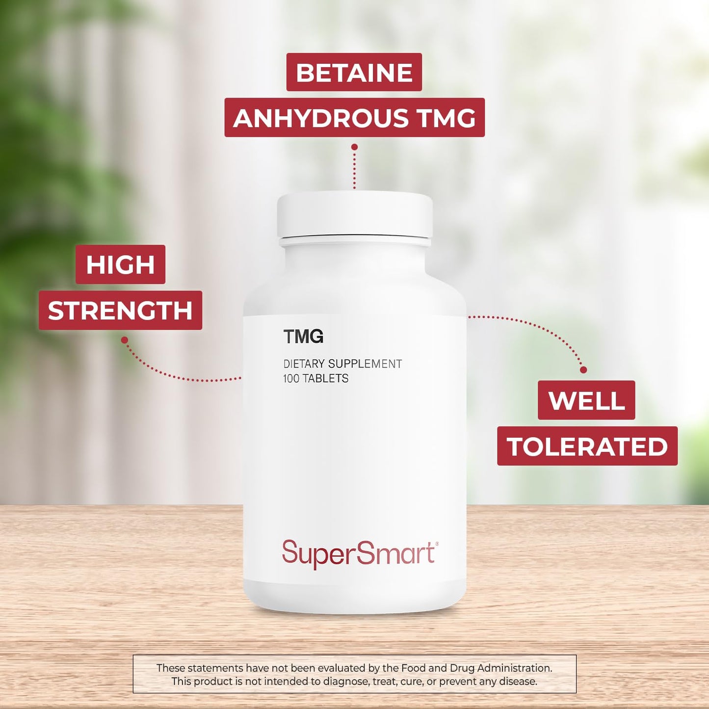 Supersmart TMG 2250mg per Day (High Strength) - TMG Trimethylglycine - Betaine Anhydrous Supplement Tablets, 100 Tablets