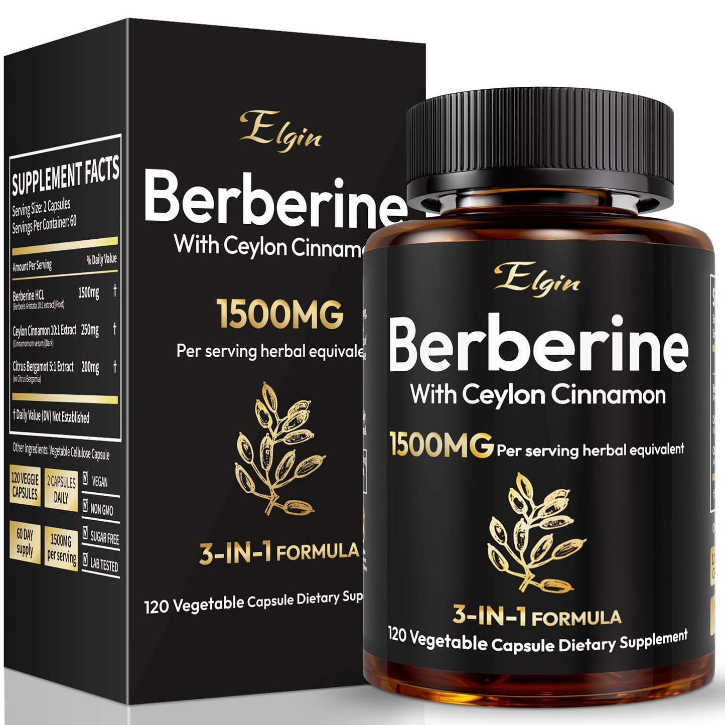 LSOIUX Berberine HCl 1500mg with Ceylon Cinnamon & Citrus Bergamot Triple Action Formula for Metabolic Support Capsules, 120 Count