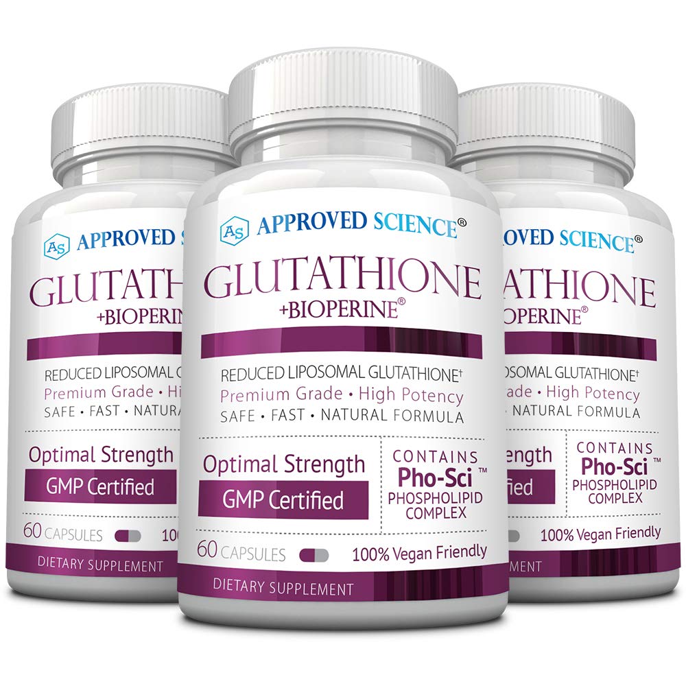 Approved Science Glutathione 500 mg Phospholipid Complex, Vitamin C, Bioperine - Vegan Friendly, 180 Capsules