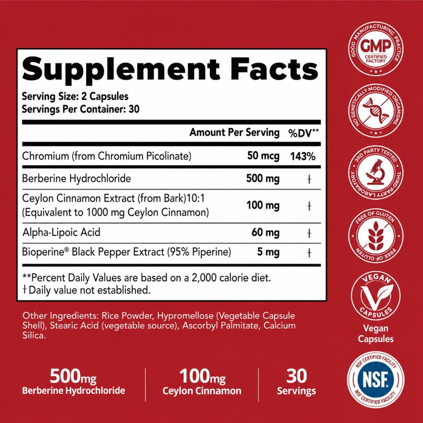 Frishantic Berberine HCL 500mg with Ceylon Cinnamon, 5-in-1 Complex, Capsule, 60 Count