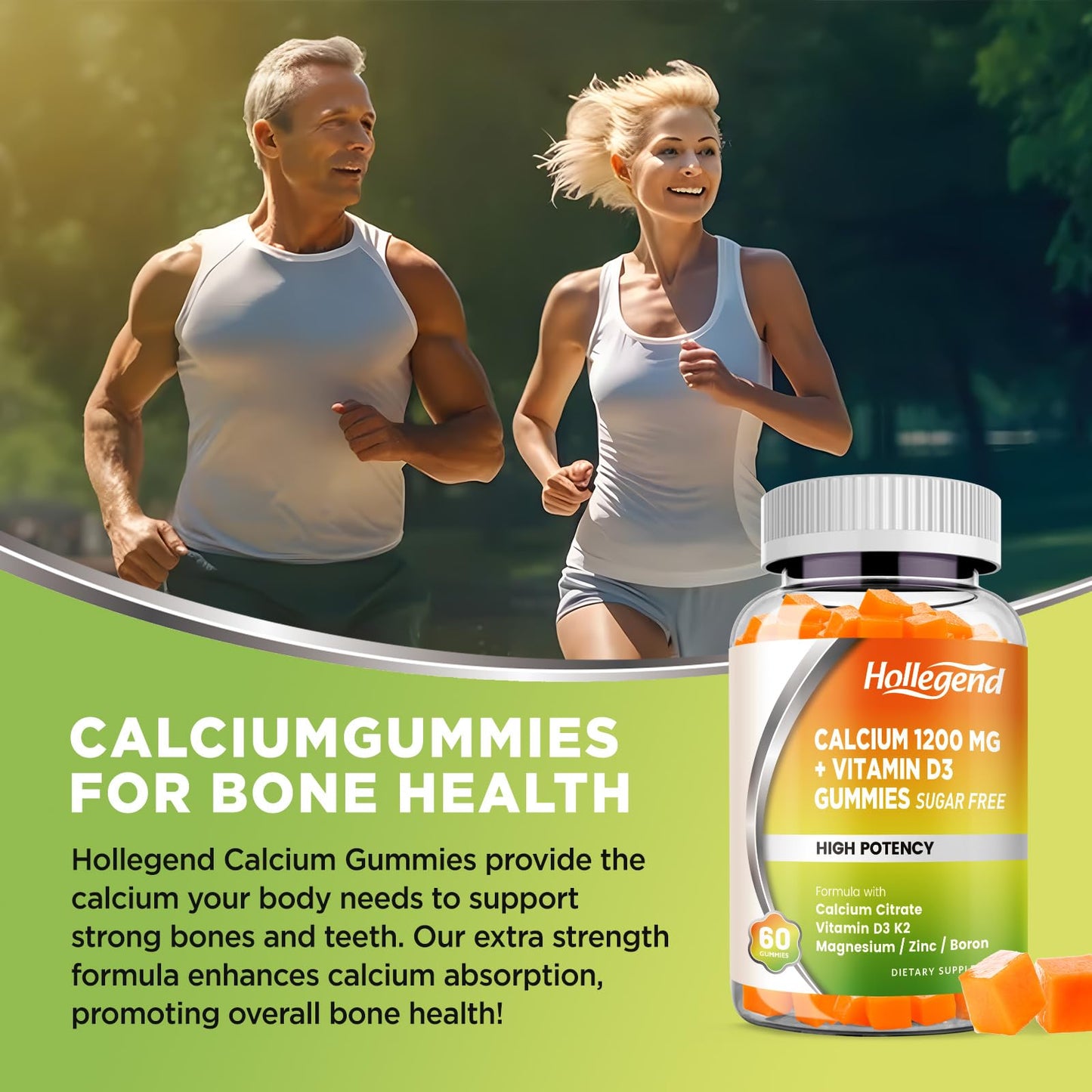 HOLLEGEND Calcium 1200 mg with Vitamin D3 Gummies, 60 Count