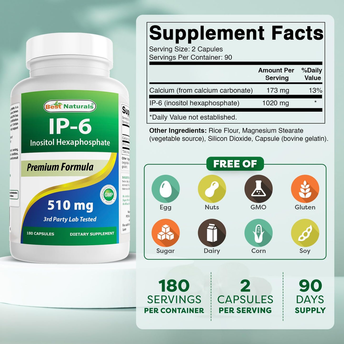 Best Naturals IP-6 510 mg Capsules, 180 Count