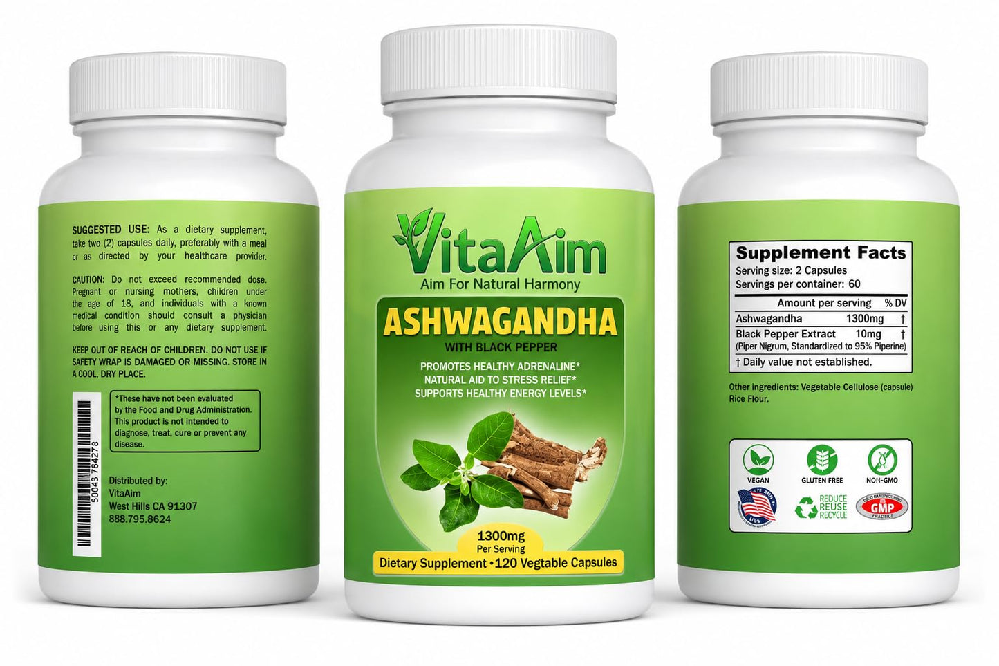 VitaAim Ashwagandha Supplement with Black Pepper 1300mg Capsule, 1 Count