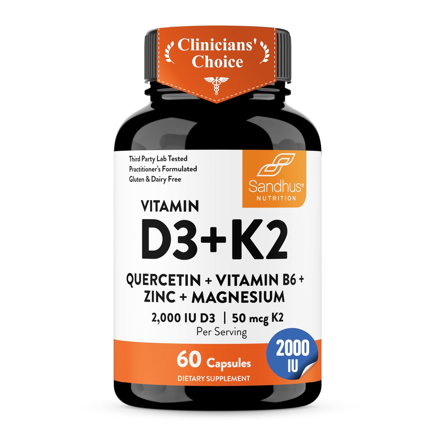 Sandhu's Vitamin D3 K2 2000 IU 120mcg Magnesium Zinc B6 Quercetin Capsules 60 Count