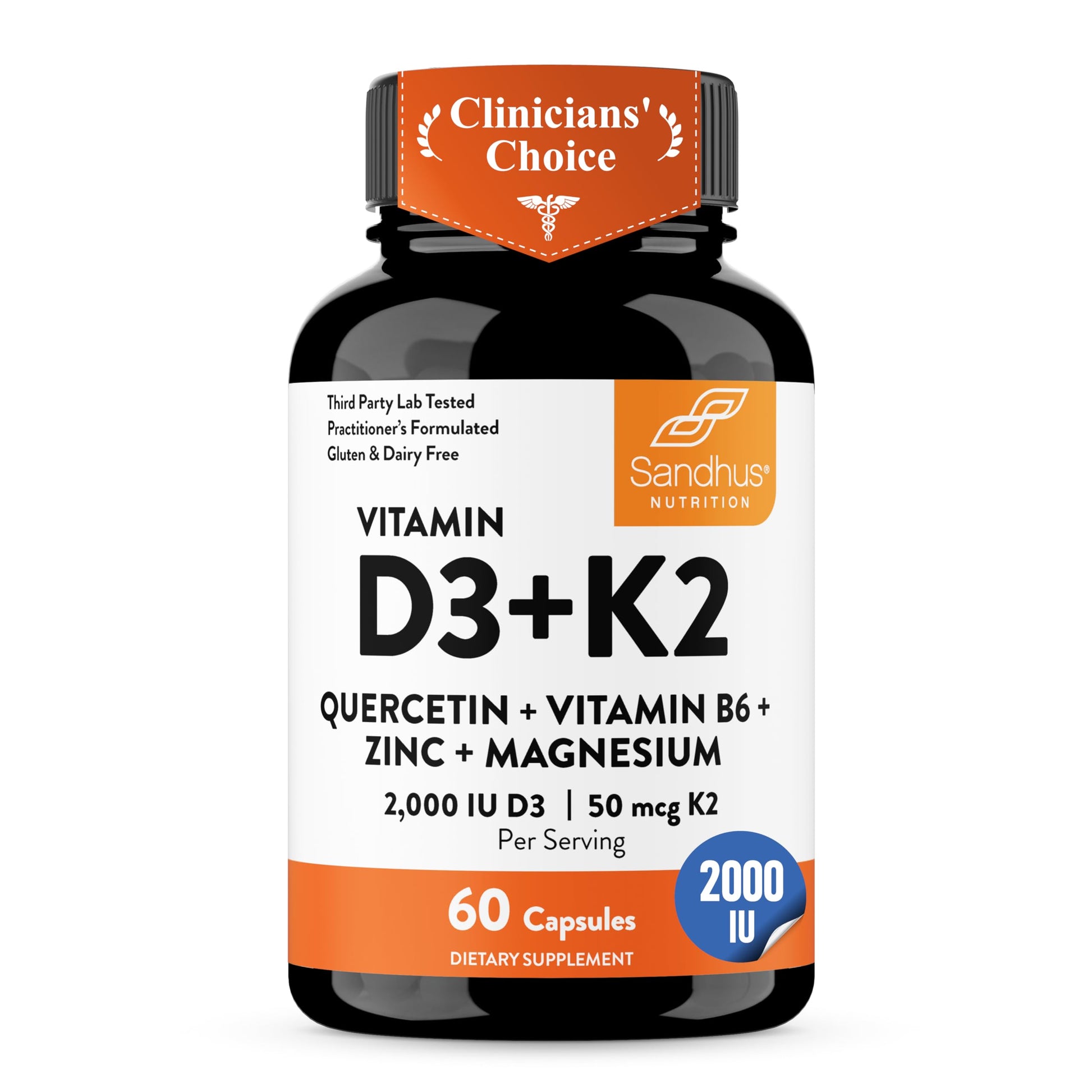 Sandhu's Vitamin D3 K2 2000 IU 120mcg Magnesium Zinc B6 Quercetin Capsules 60 Count