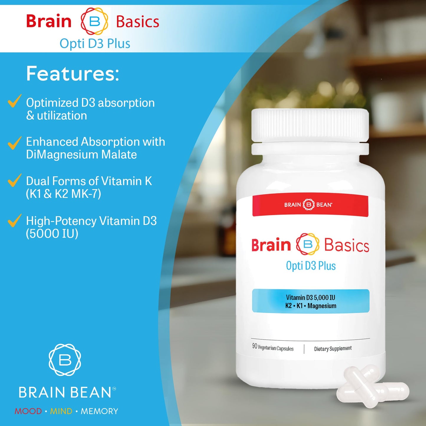 Brain Bean Brain Basic Opti D3 Plus Vitamin D3 5000 IU with K1, K2, and Magnesium Capsule 90 Count