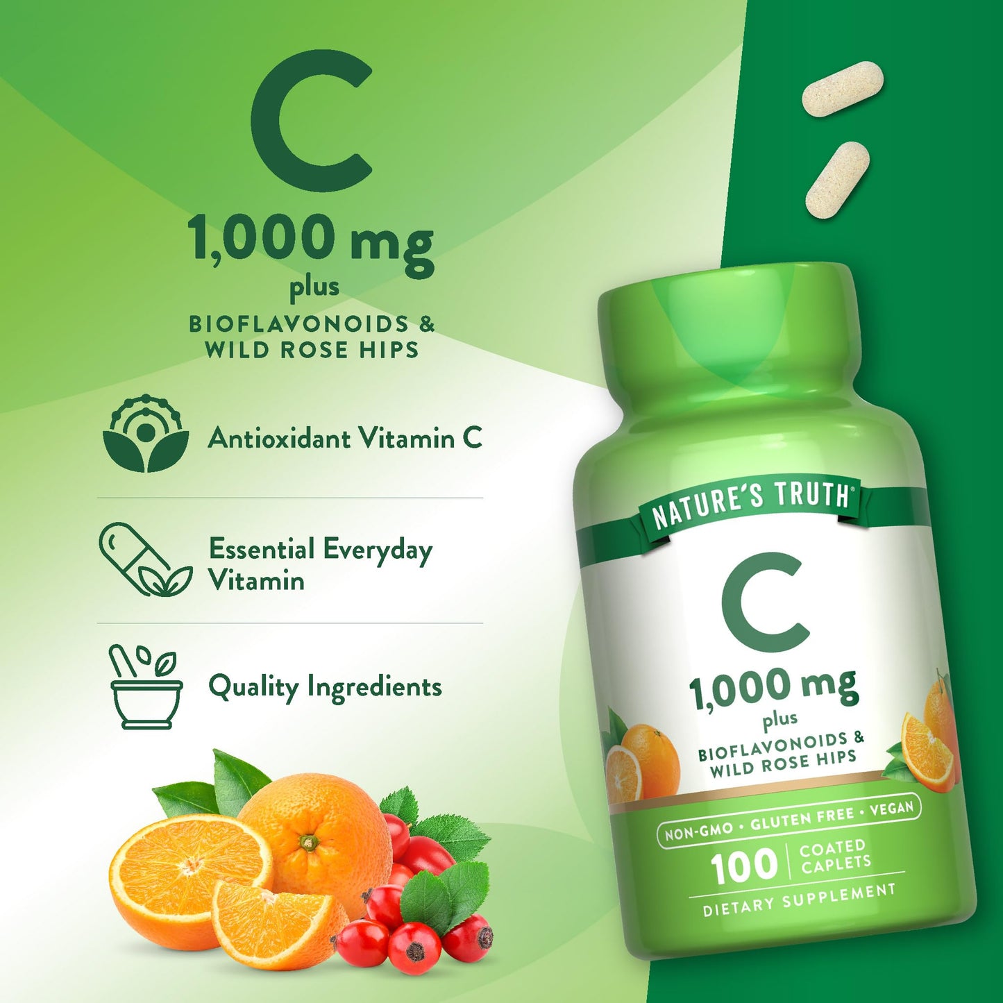 Nature's Truth Vitamin C Bioflavonoids & Rose Hips 1000mg Caplets 100