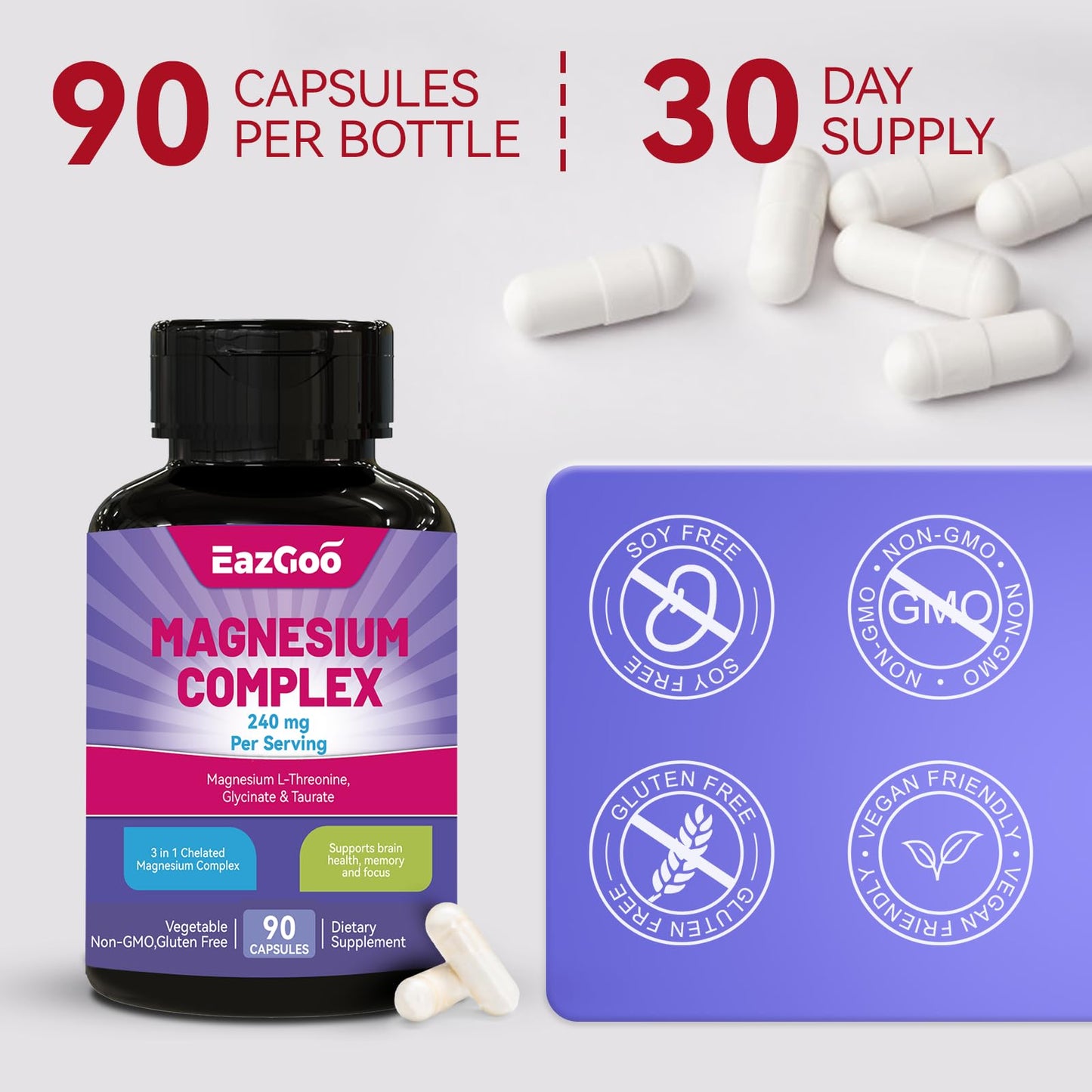 EAZGOO 3 in 1 Magnesium Complex, 240mg Elemental Magnesium Vegan Capsules, 90 Count