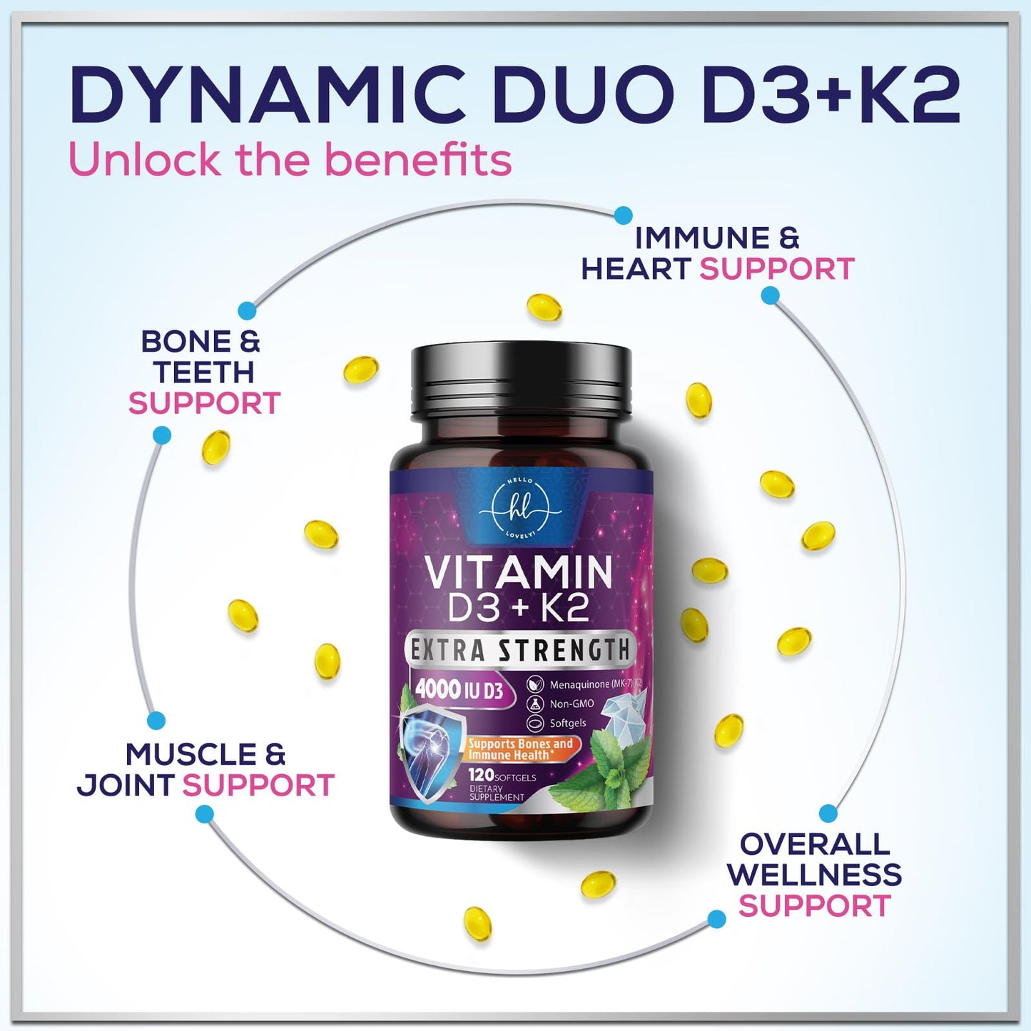 Hello Lovely! Vitamin D with K2 (MK-7) D3 4000IU (125mcg) Per Serving Softgels 120