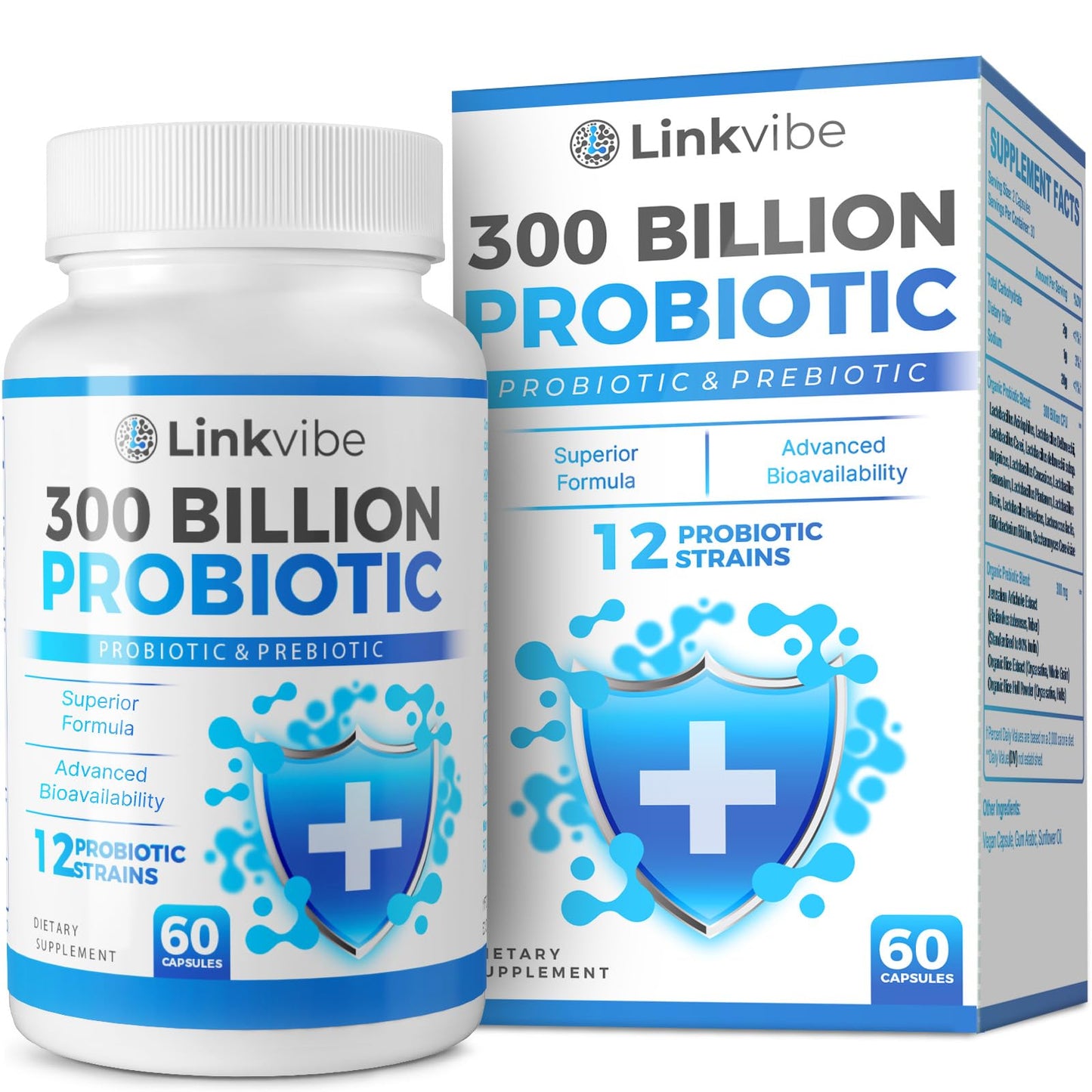 Linkvibe Probiotic 300 Billion CFU - 12 Strains with Organic Prebiotics for Digestive & Gut, Immune, Bloating Health - Probiotics for Women and Men - Daily Dairy Free, Shelf Stable Capsules 60 Count