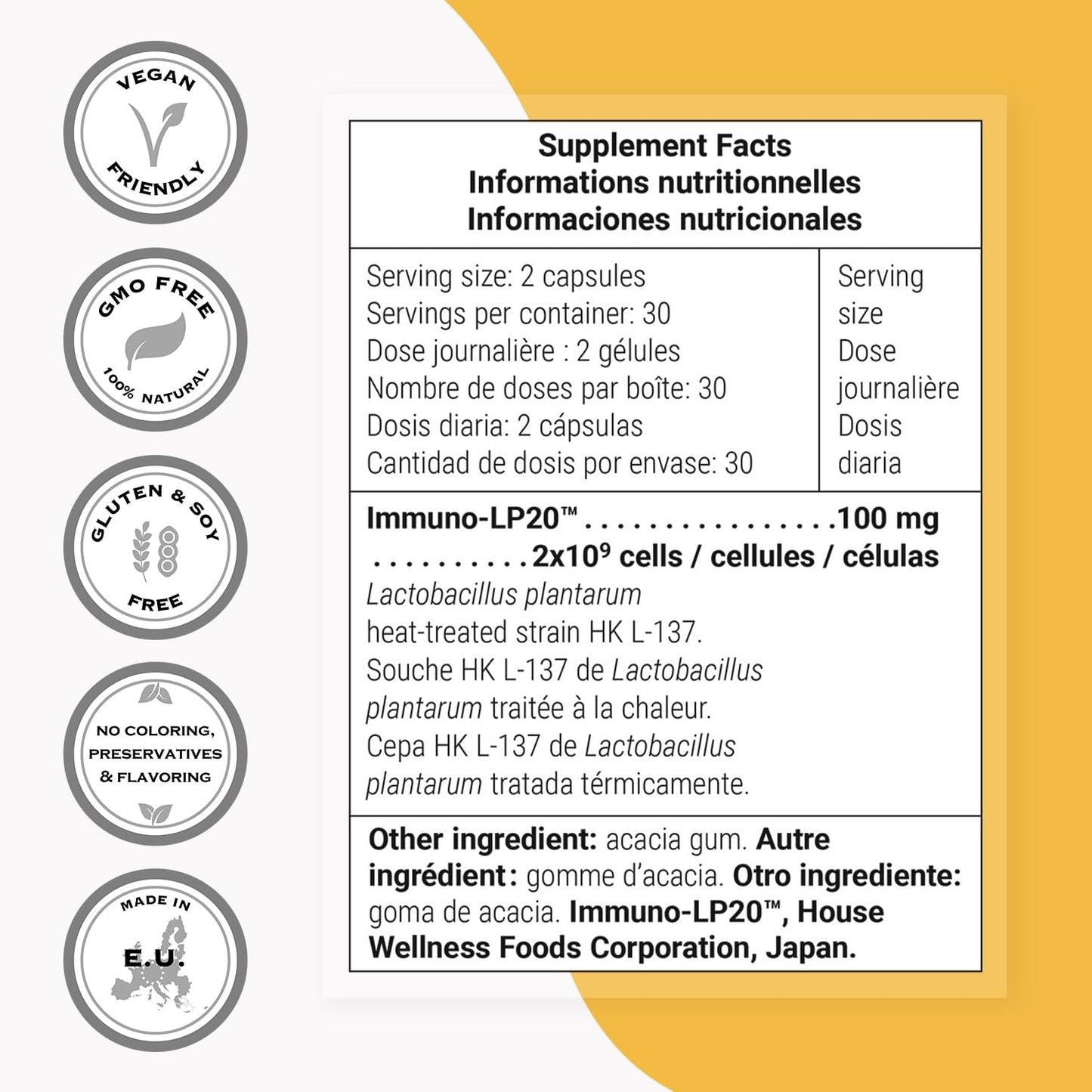 Supersmart Lactobacillus Plantarum PostBiotic 20 Billion CFU per Day (Immuno-LP20) Heat-Treated Probiotic Supplement 60 Vegetarian Capsules