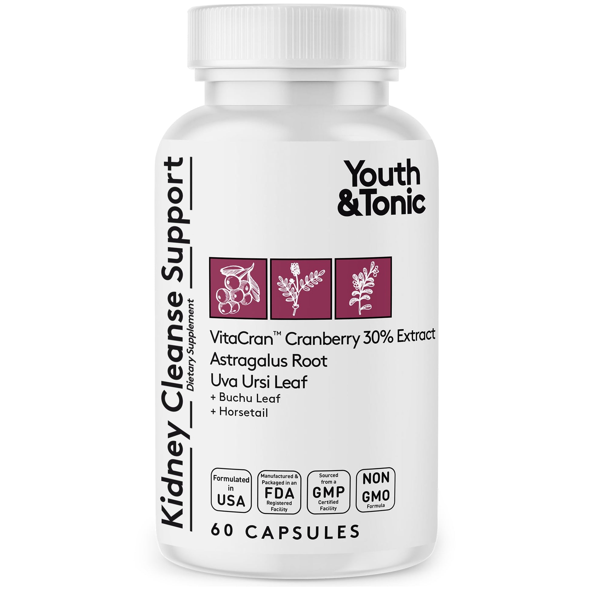 Youth & Tonic Kidney Cleanse Detox for Residual Metabolic Waste & Excess Body Water for Urinary Tract & Bladder Health 60 Capsules