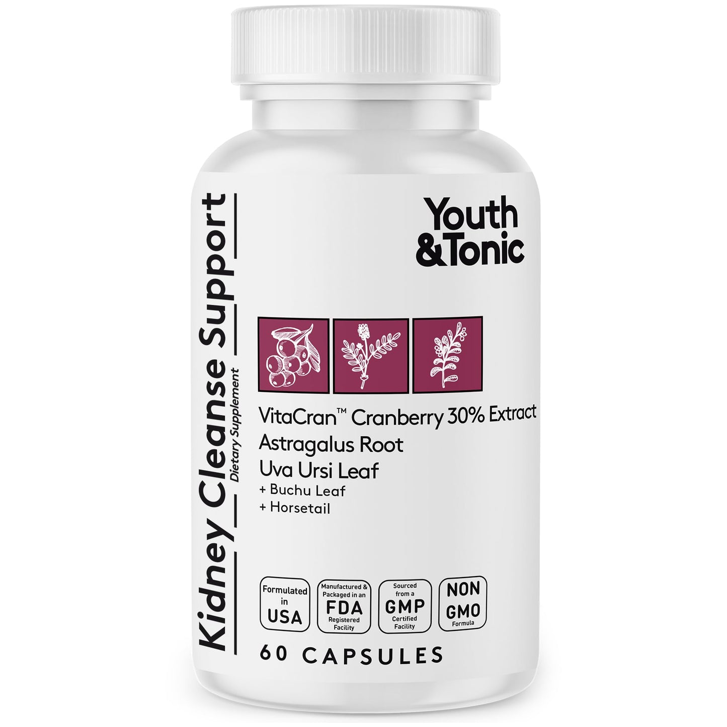 Youth & Tonic Kidney Support Supplement Cleanse Detox Cranberry Extract Capsules, 60 Count