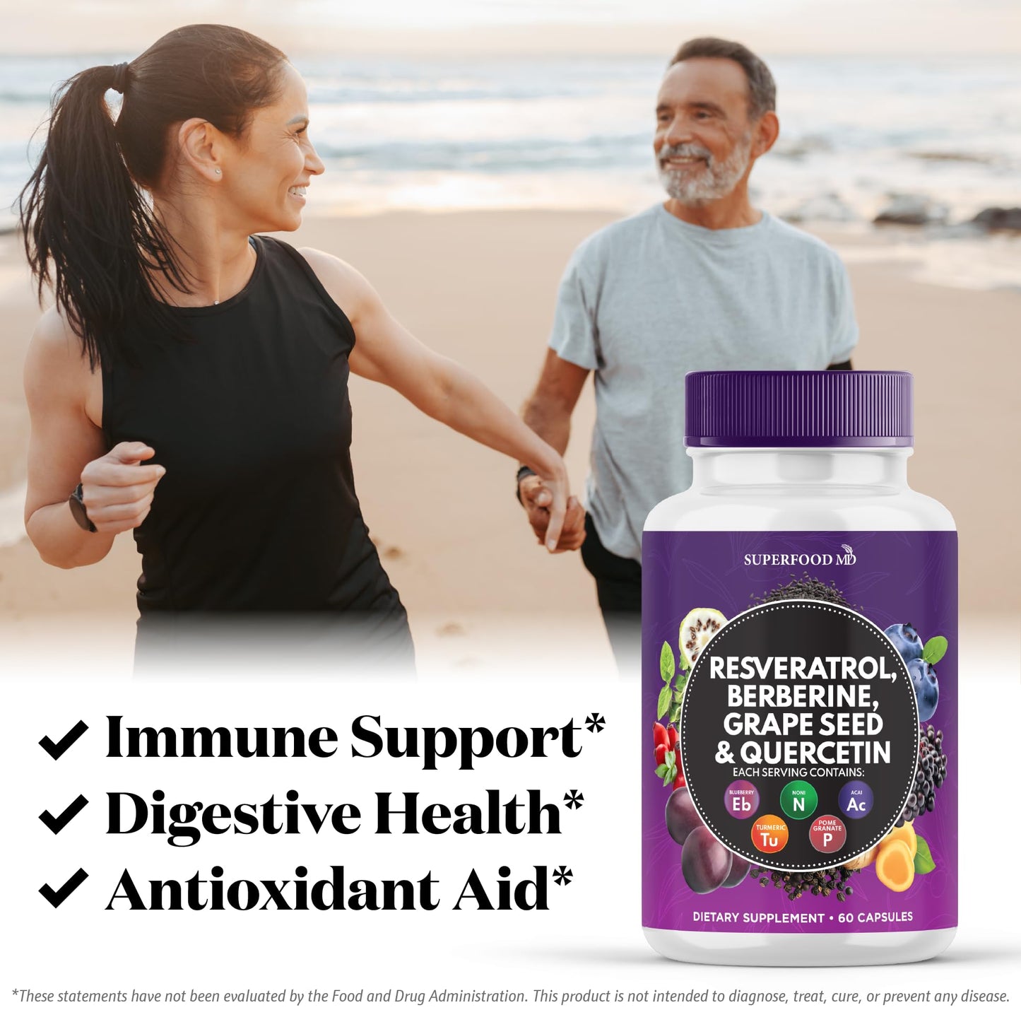 Superfood MD Resveratrol Berberine Grape Seed Extract Quercetin Polyphenol Supplement with Noni Extract, N-Acetyl Cysteine, Acai Extract Capsules, 180 Capsules